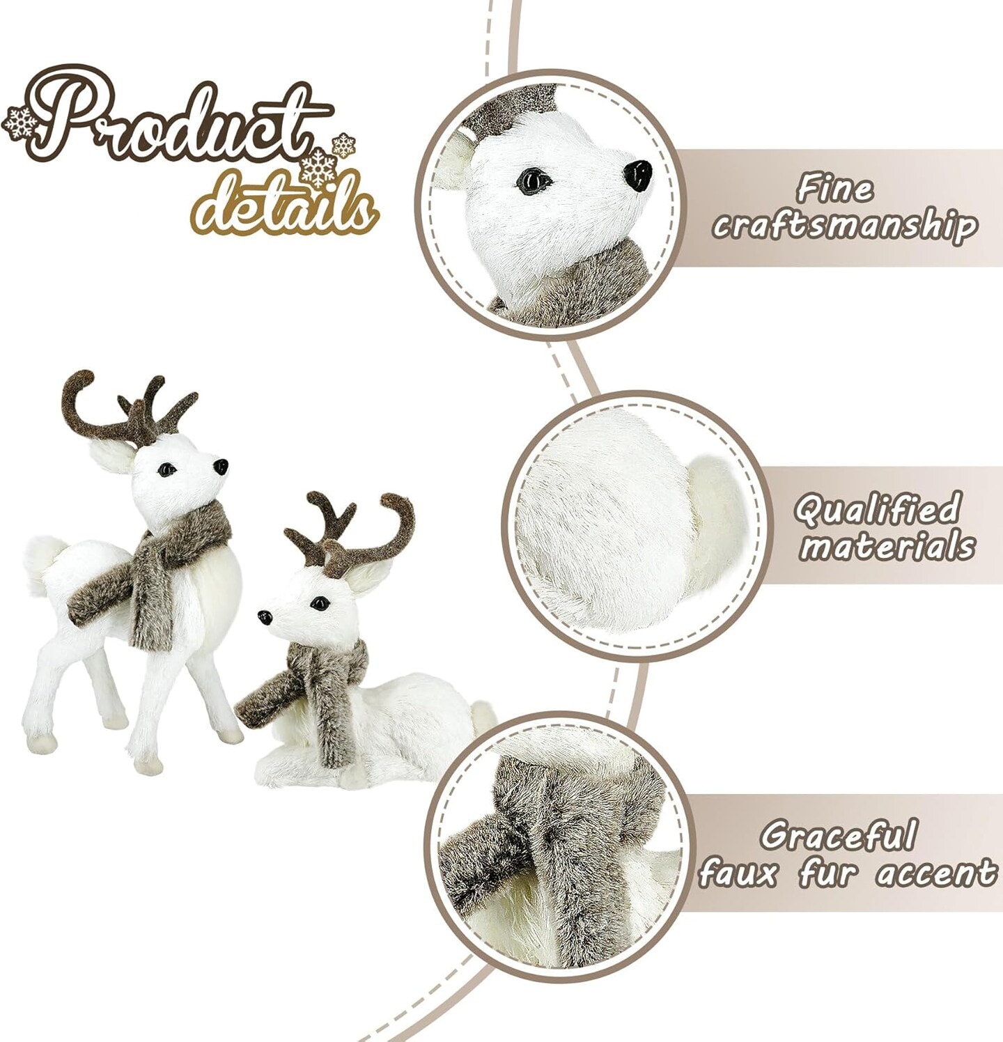 Nature Vibe 14.8 Inches Sisal Reindeer Christmas Decoration Set of 2,Cute Woodland Animals Figurines with Faux Fur Scarf as White Christmas Decorations,Fireplace Decor