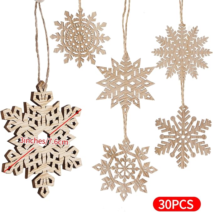 Hanging Wood Snowflake Crafts Hollowed Embellishments for Christmas Tree Decor, 3inch, Wood