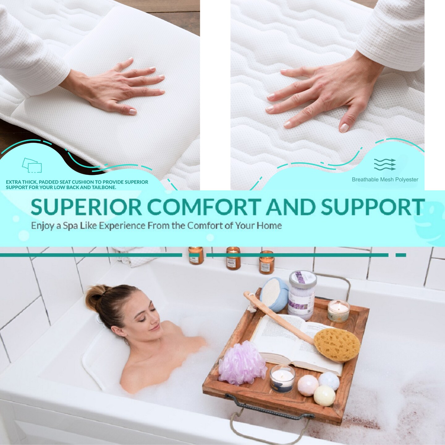 Luxurious Bath Pillow - Exclusive Unique Design Extra Cushioning Spa Neck Pillow &#x26; Seat Cushion Comfort