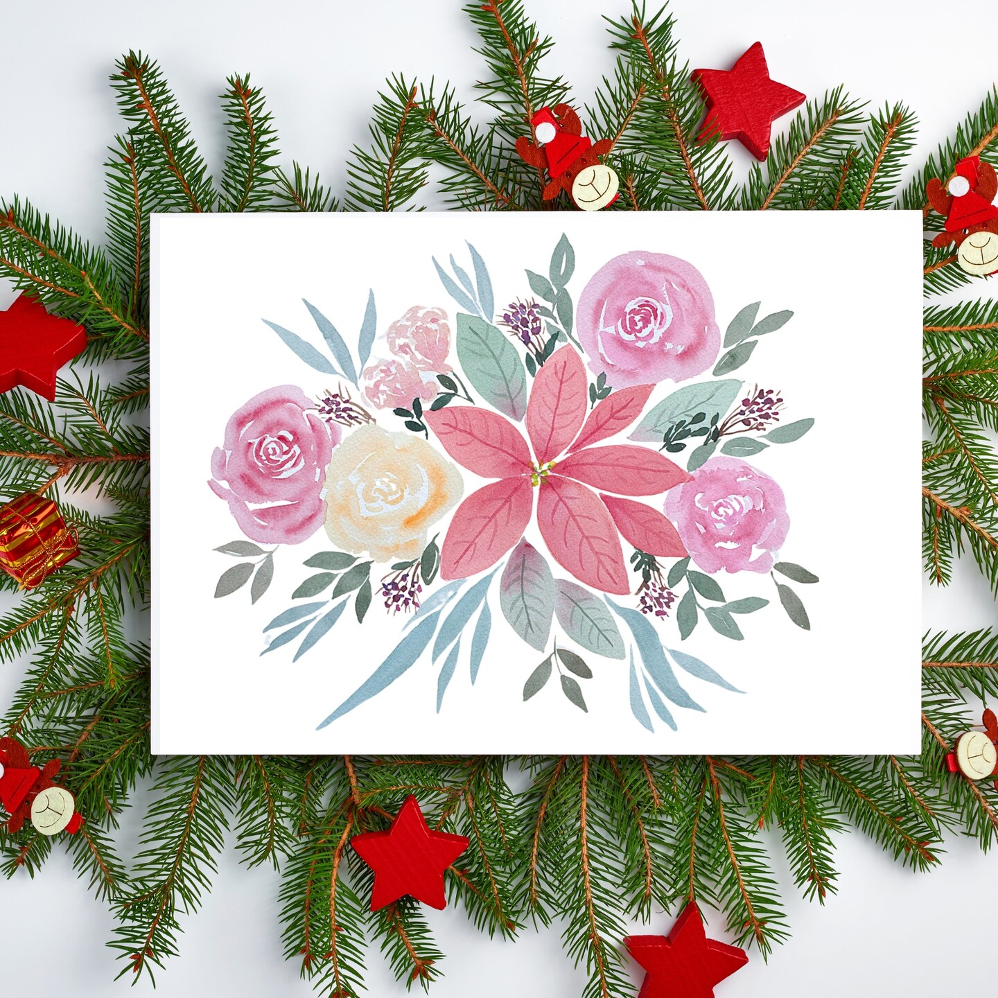 Red rose and poinsettia Christmas bouquet holiday greeting card