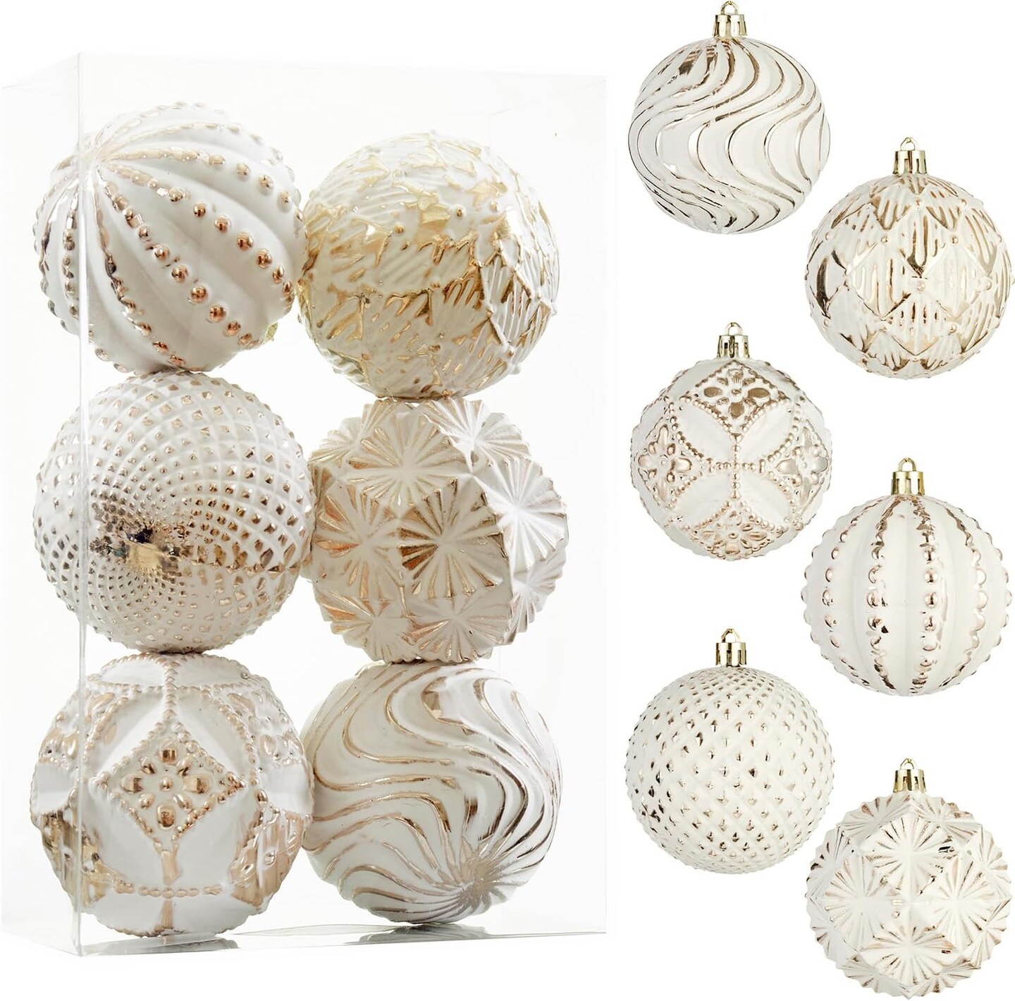 Champagne Farmhouse Christmas Ball Ornaments&#xFF0C;6 PCS Vintage Rustic Distressed Xmas Hanging Ornaments Shatterproof Antique Traditional Style Christmas Tree Decorations