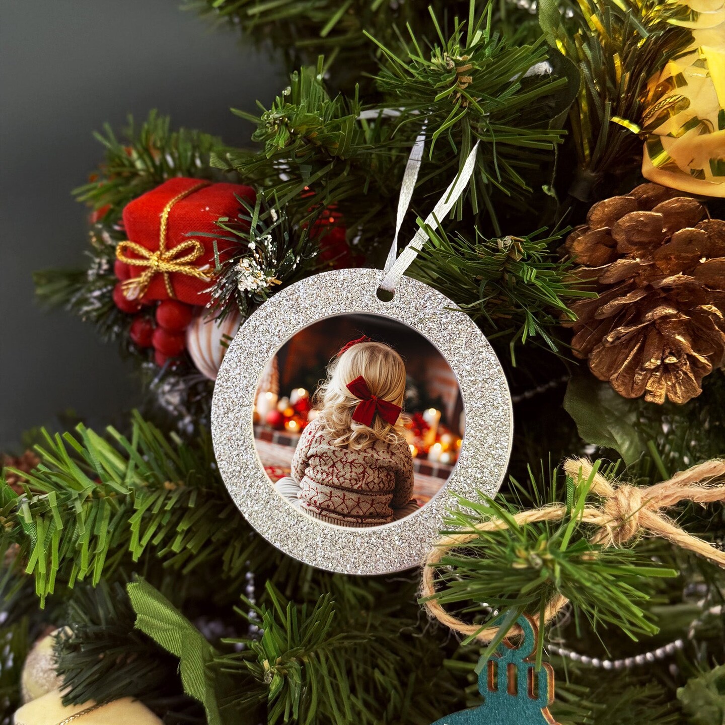 Wrapables Christmas Holiday Glittery Felt Photo Frame Ornaments (Set of 12), Red and Silver Circle