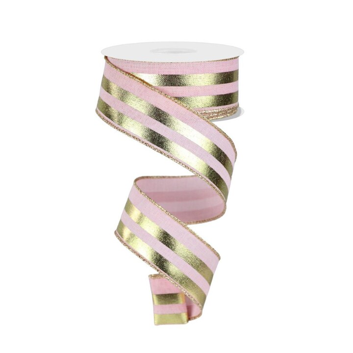 1.5"x10yd Pale Pink & Gold Metallic Striped Ribbon - Wired Ribbon for Crafts & Holiday Decor (RGE142815)