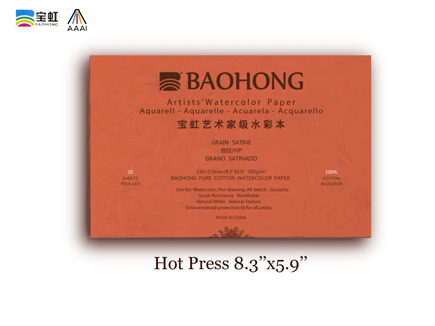 BAOHONG Artists&#x2018; Watercolor Paper 100% Cotton, 140lb/300gsm, Watercolor Block, 20 sheets, Hot Press