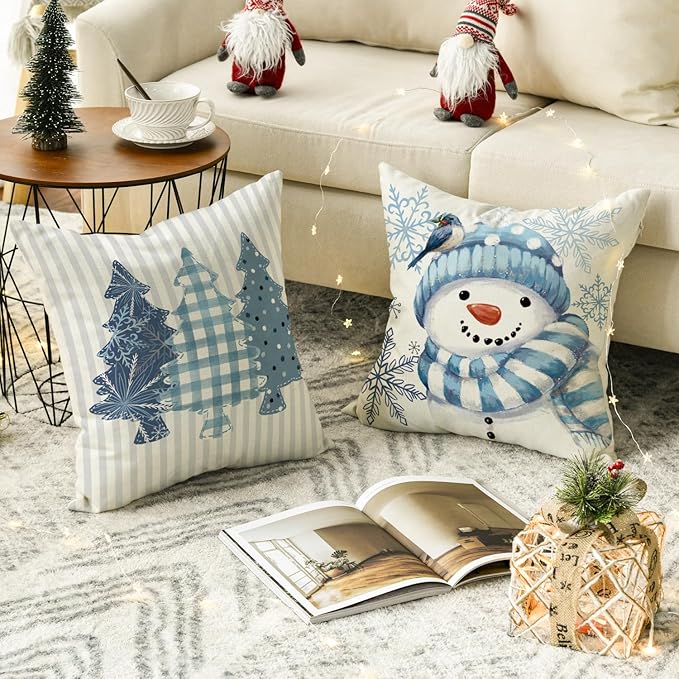 Winter Snowman Joy Snowflake Christmas Throw Pillow Covers, 18 x 18 Inch Xmas Tree Winter Holiday Buffalo Plaid Cushion Case Decoration for Sofa Couch Set of 4