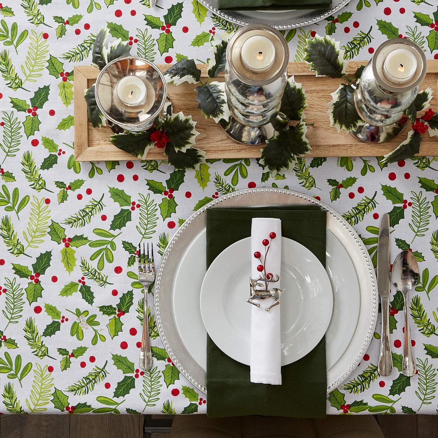 Holiday Dining Table & Kitchen Décor, Square Tablecloth, 52x52, Christmas Greenery