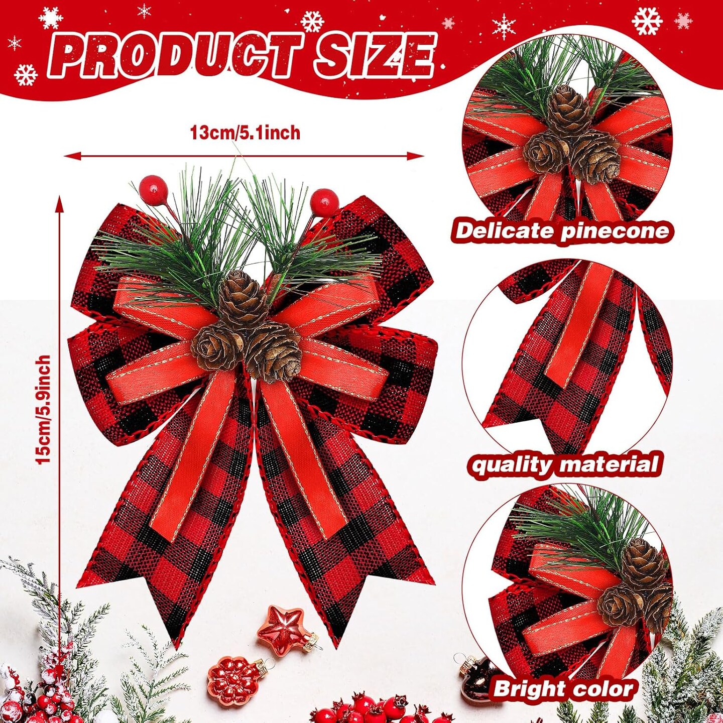 6 Pcs Christmas Bows Buffalo Plaid Bow Checkered Ribbon Bow with Pine Cone Christmas Tree Decoration Bows for Christmas Parties Christmas Trees Indoor Crafts(Black and White, Black and Red)