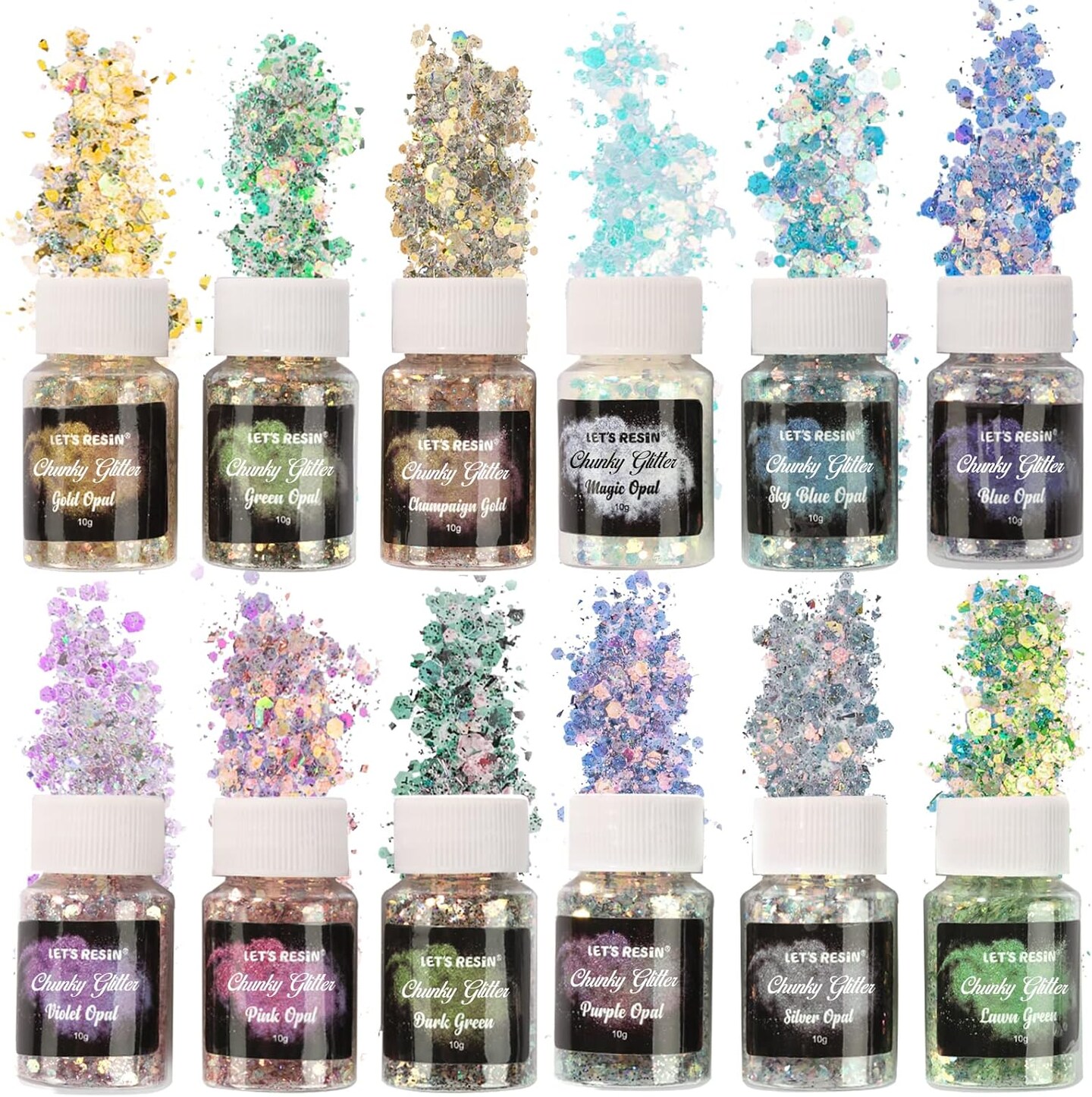 LET'S RESIN Opal Chunky Glitter for Resin, 12 * 10g Craft Powder for Tumblers/Slime, Iridescent Chameleon Glitter Sequins Festival Decor(Each 0.35oz)