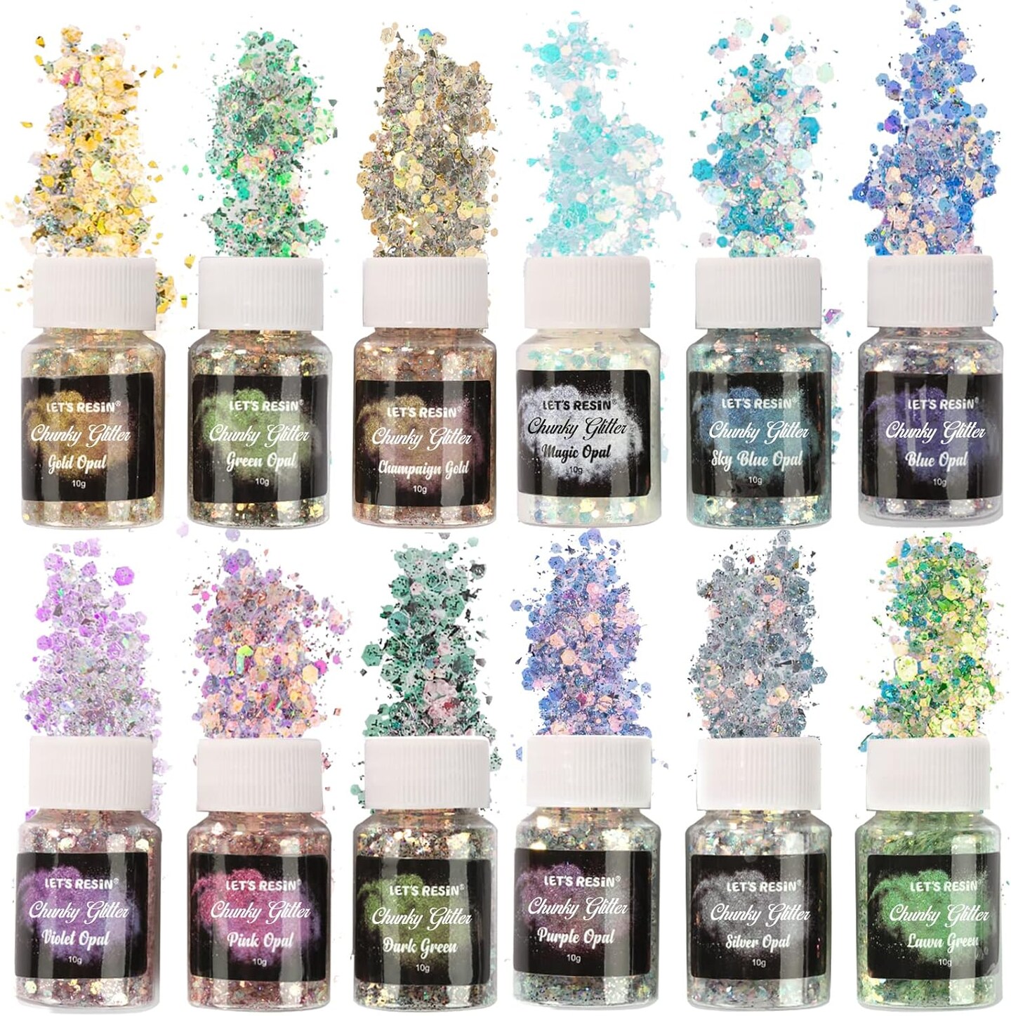 LET&#x27;S RESIN Opal Chunky Glitter for Resin, 12 * 10g Craft Powder for Tumblers/Slime, Iridescent Chameleon Glitter Sequins Festival Decor(Each 0.35oz)