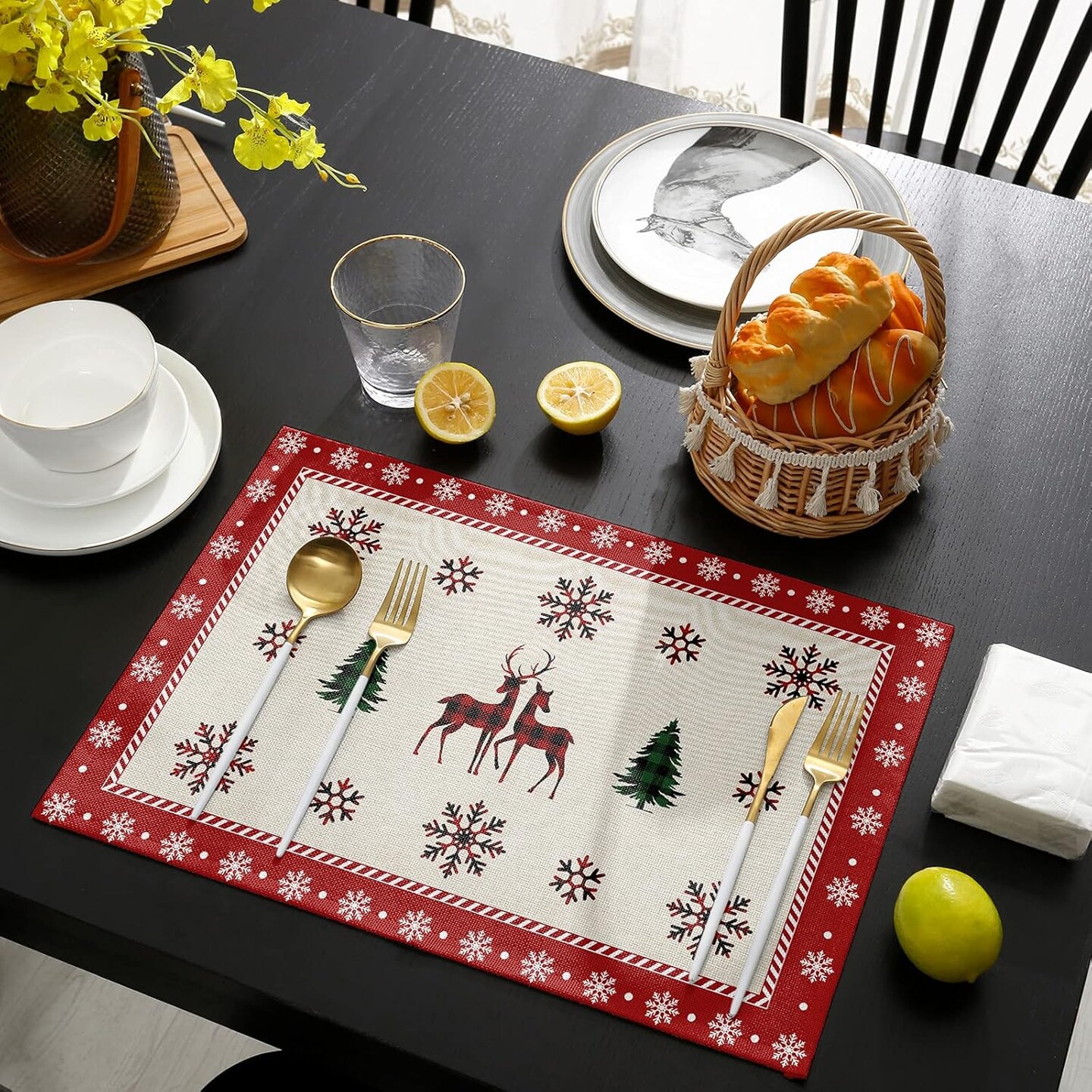 Christmas Placemats Set of 6, Reindeer Xmas Tree Placemats for Dining Table, Snowflake Merry Christmas Cotton and Linen Table Mats Washable for Kitchen, Party, Wedding Decor, 13 x 19 Inches