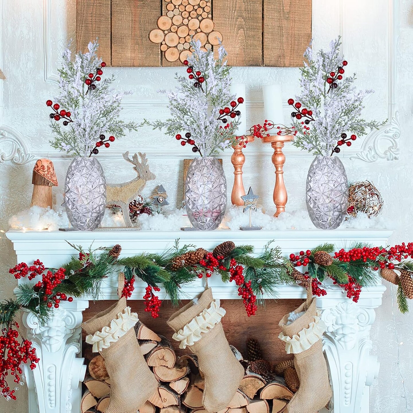 6 Pcs Snowy Artificial Cedar Picks with Red Berries Frosted Faux Cedar Sprays Christmas Cedar Greenery Branches Stems for Christmas Tree Wreath Floral Arrangement Vase Winter Holiday Décor