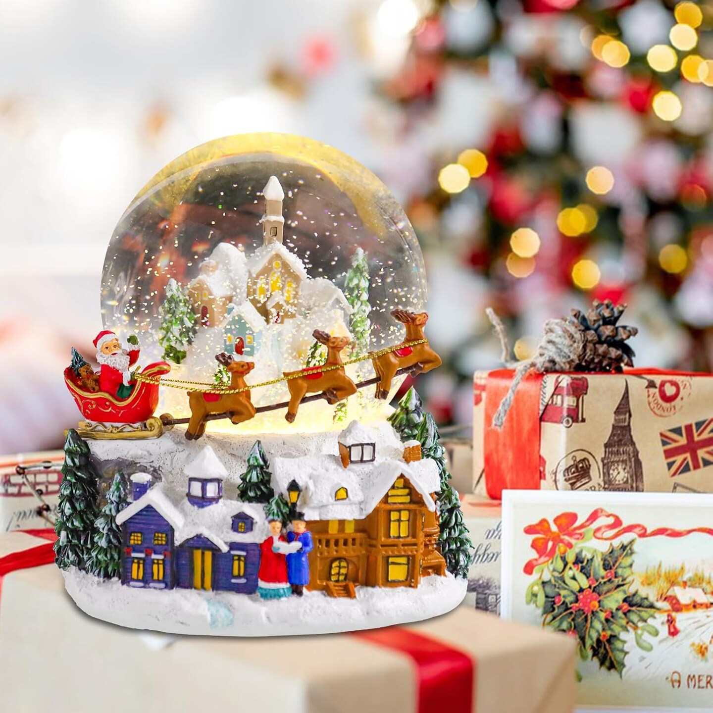 Christmas Snow Globe, Santa Claus Rides an Elk Sleigh Musical Snowglobe with Swirling Glitter Snowflakes Lighted Christmas Decorations Tabletop Home D&#xE9;cor