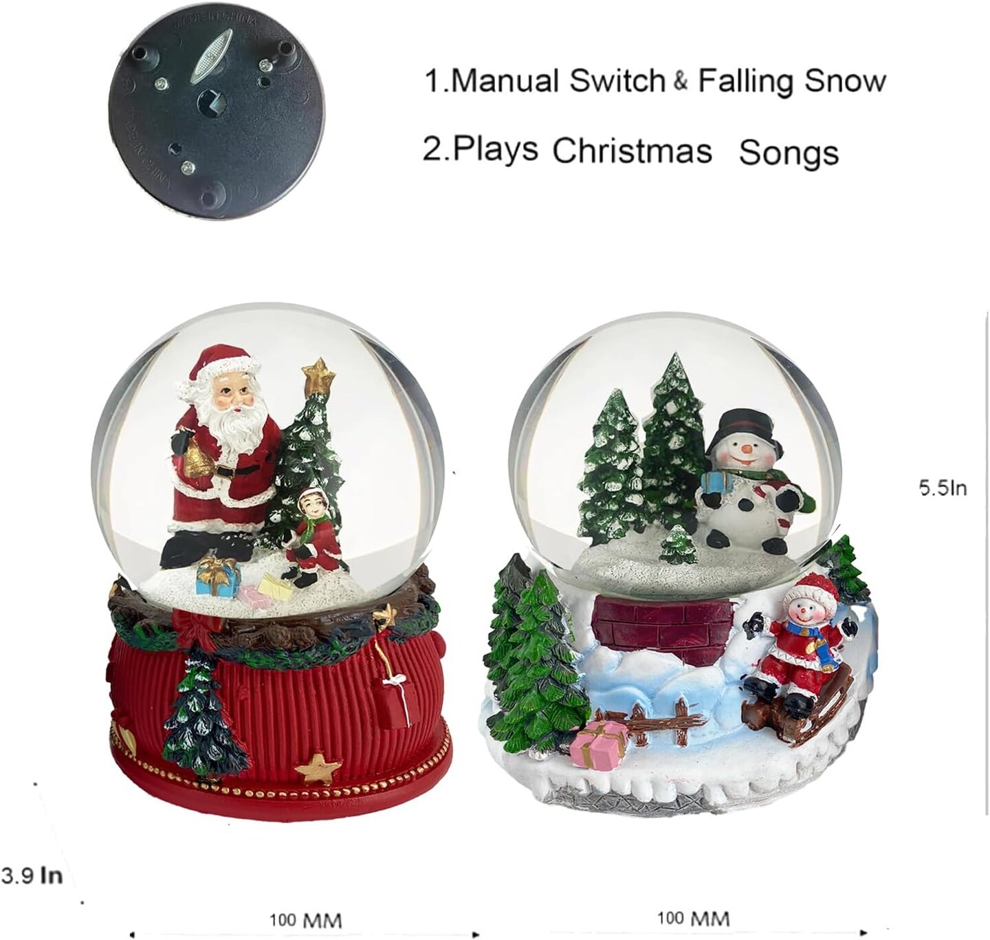 Christmas Snow Globe, 2pcs 100mm Snow Globe Christmas, Musical Santa Claus Snow Globe, Snowman Christmas d&#xE9;cor