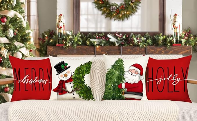 Red Christmas Pillow Covers 18x18 Set of 4 Farmhouse Christmas Decorations Snowman Wreath Santa Claus Tree Merry Christmas Holly Jolly Winter Holiday Decor Throw Cushion Case for Home Couch S22C17