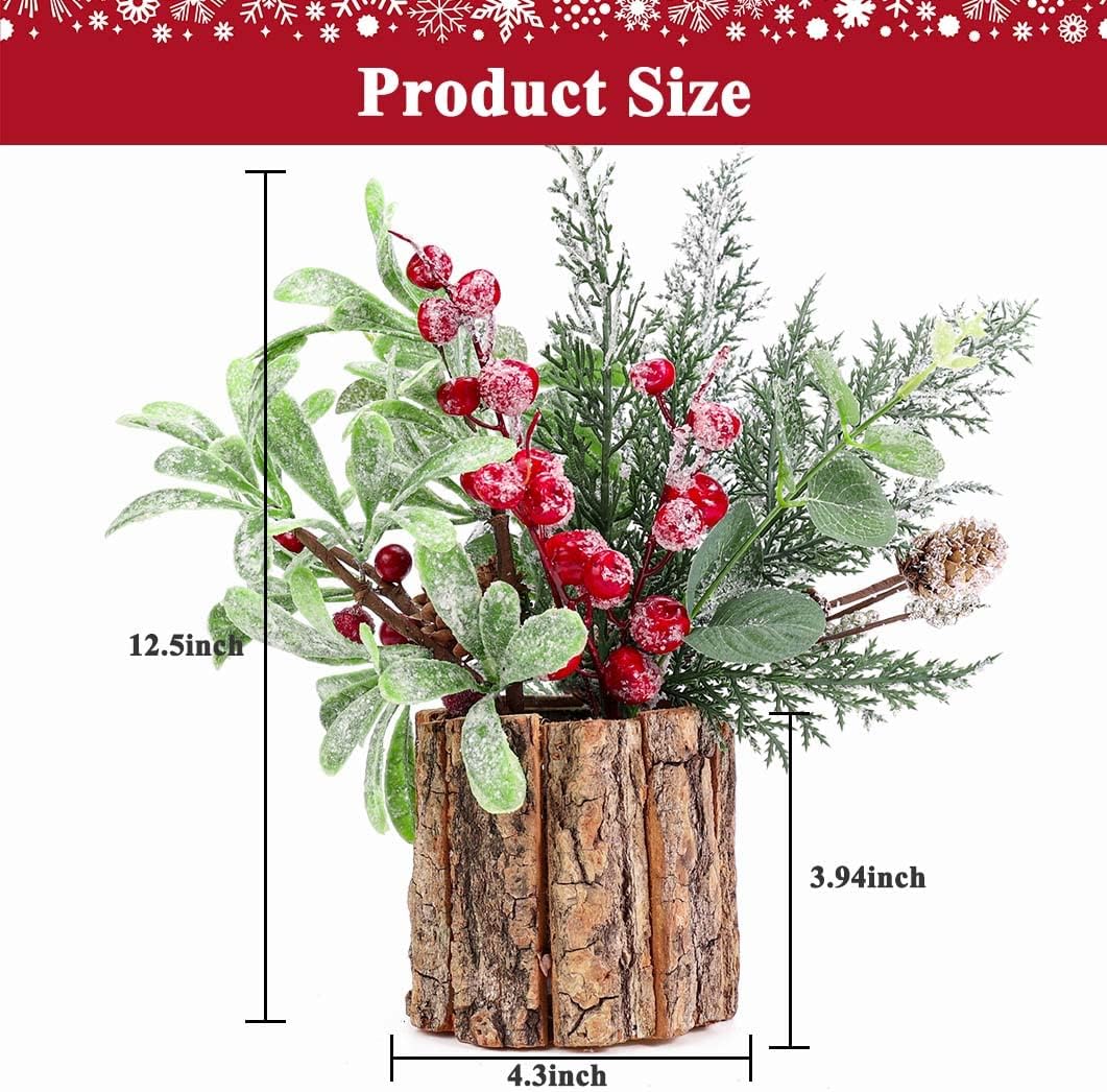 Potted Plants Christmas Picks and Sprays Fake Greenery Pine Needles Branches Red Berry Picks Stems for Home Office Christmas Decor