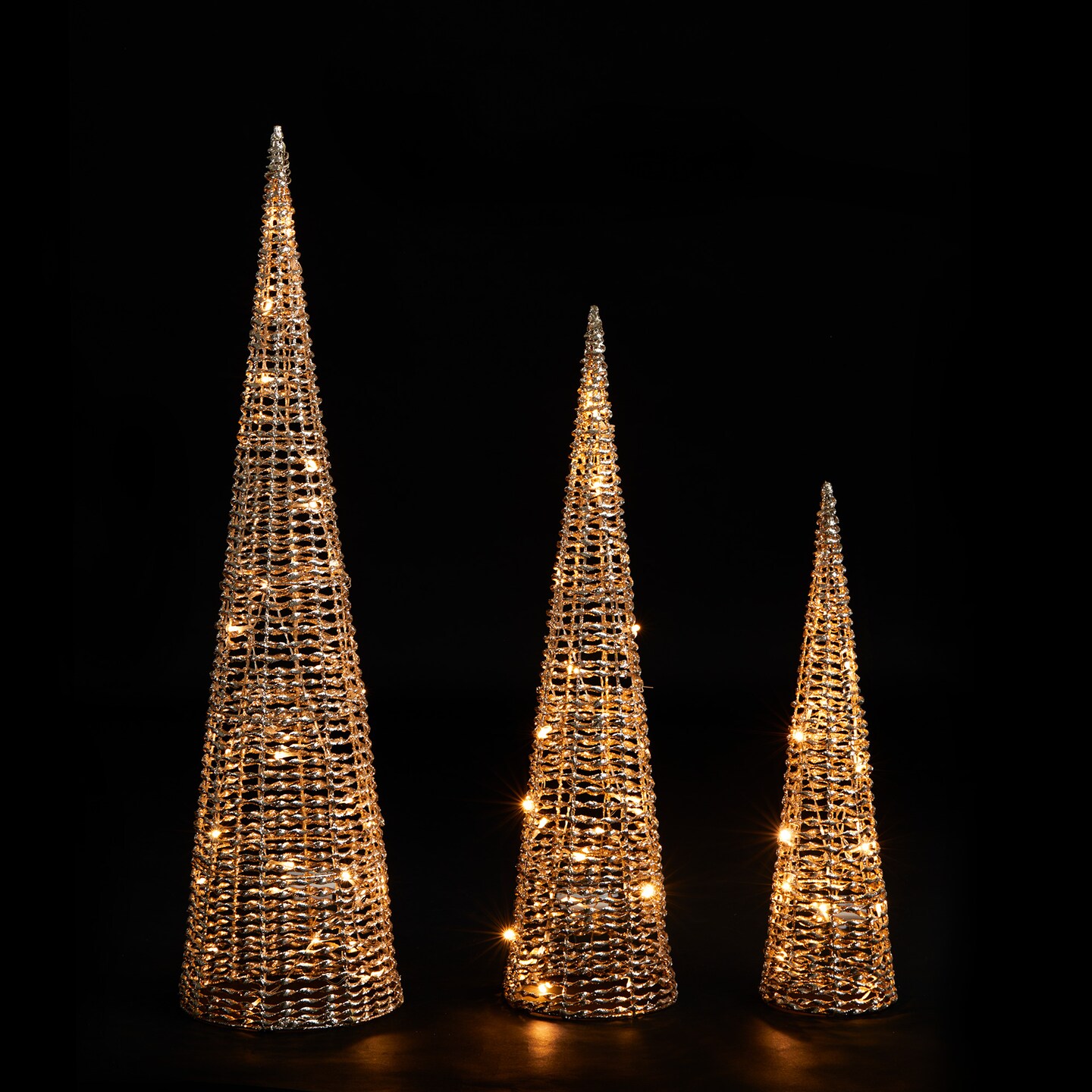 Set of 3 Lighted Christmas Plastic Champagne Gold Cone Tree with 65 Warm White LED Lights