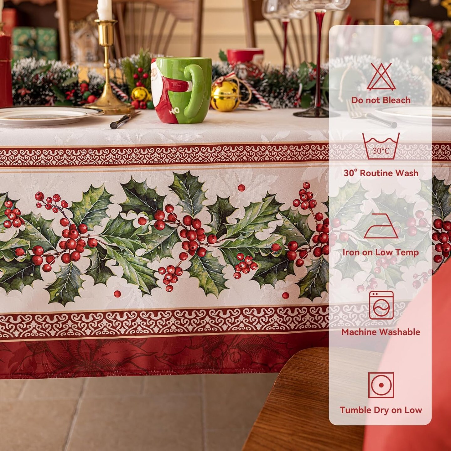Christmas Jacquard Rectangle Tablecloth, Winter Holly Table Cloth, Heavy Weight Fabric Table Cover for Xmas Holiday, Dining, Party Decor, DHHolly 60 x 84 Inch