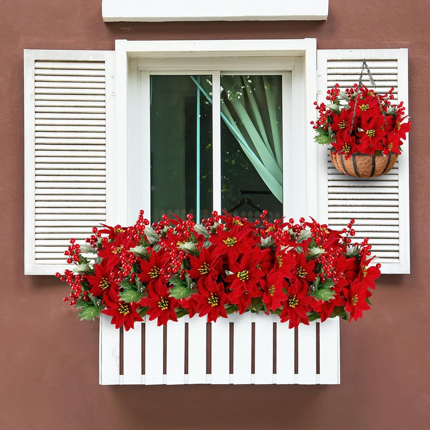 Poinsettia Bush Christmas Flowers Holly Berry Stems with Red Berries Holly Leaves for Home Porch Garden Indoor Outdoor Holiday Xmas Decorations (Pack of 6)