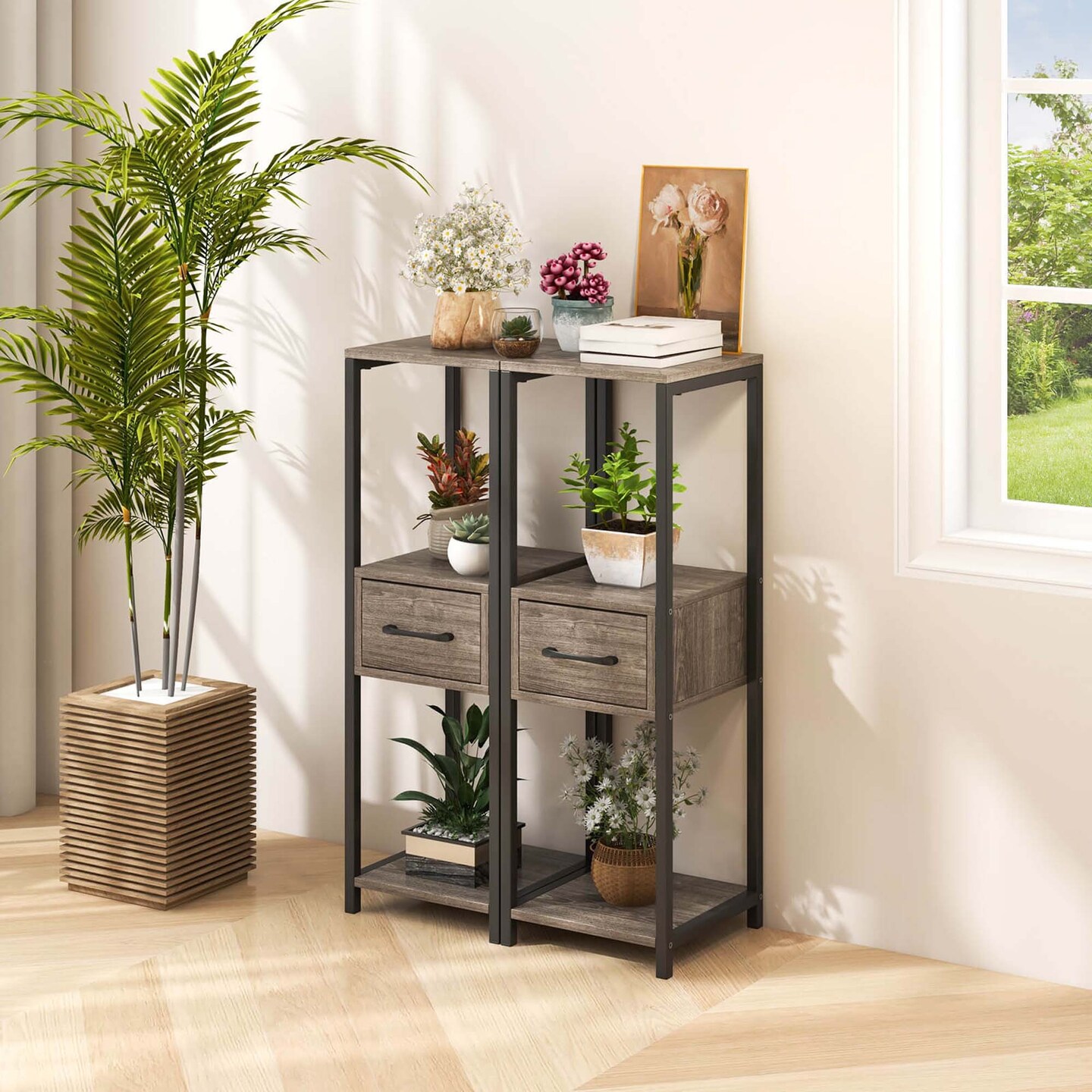 Costway 1/2 Pack 3 Tier Tall Metal Plant Stand Indoor Plant Table with Drawer Anti-tipping Devices