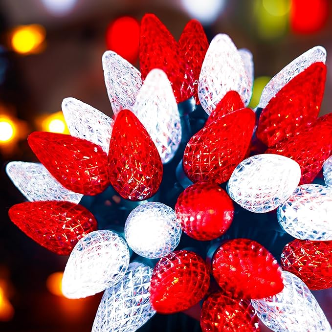 Christmas Red White 50 LED Strawberry String Light - Fairy Xmas Decor Lighting for Outdoor, Indoor, Patio, Party, Home, Wreath, Garland, Christmas Tree Decoration. (C9-Red White)