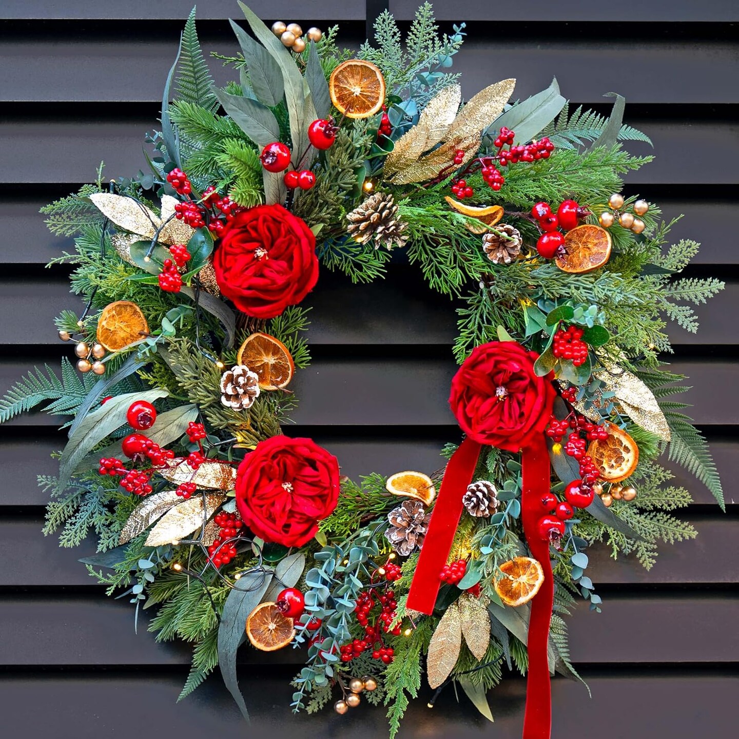 Pre-lit Christmas Wreath with Lights,24 Inch Outdoor Christmas Wreaths for Front Door,Green Eucalyptus Olive Leaves Winter Door Wreath with Pinecones,Red Flower-Lighted Xmas Holiday Wreath