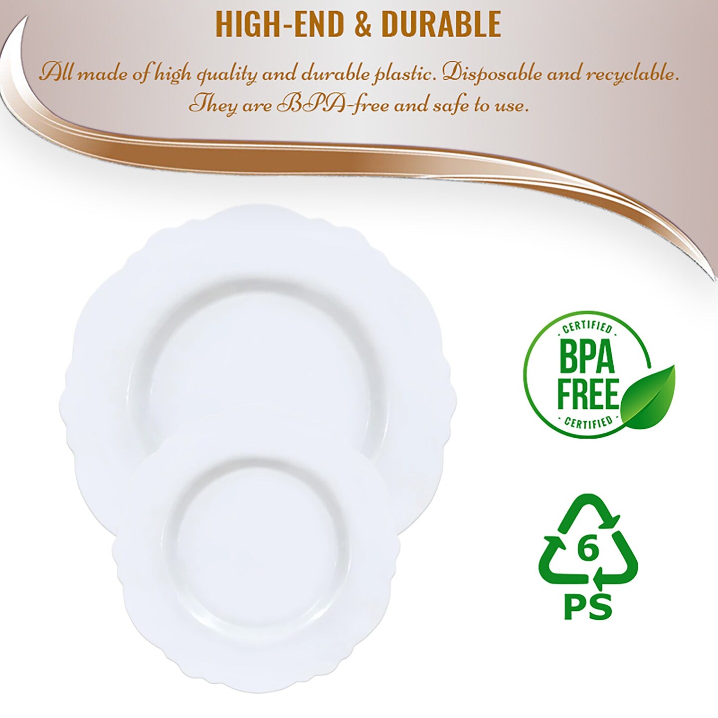 Solid White Round Blossom Disposable Plastic Dinnerware Value Set (120 Guests)