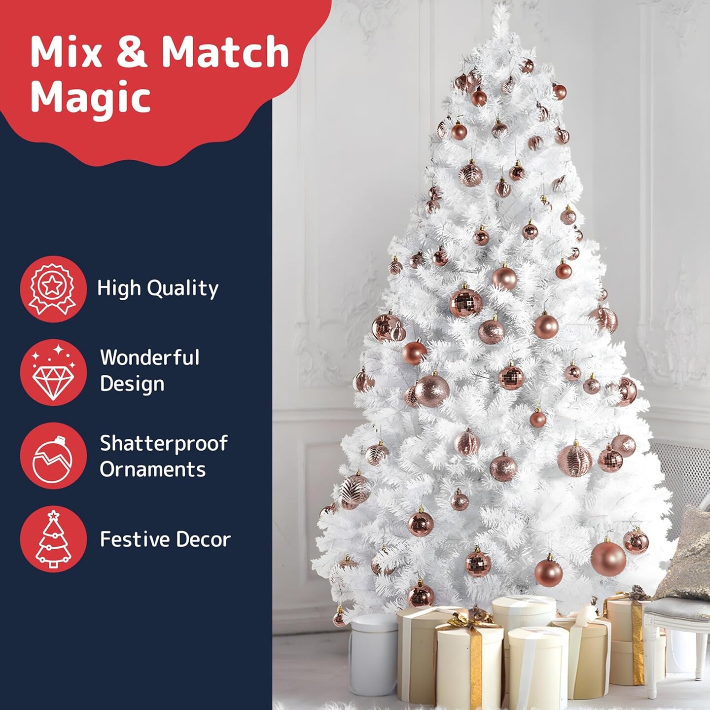 Champagne Christmas Ball Ornaments (36 pcs) - Shatterproof Xmas Tree Decorations with Hanging Loop in 6 Styles and 3 Sizes