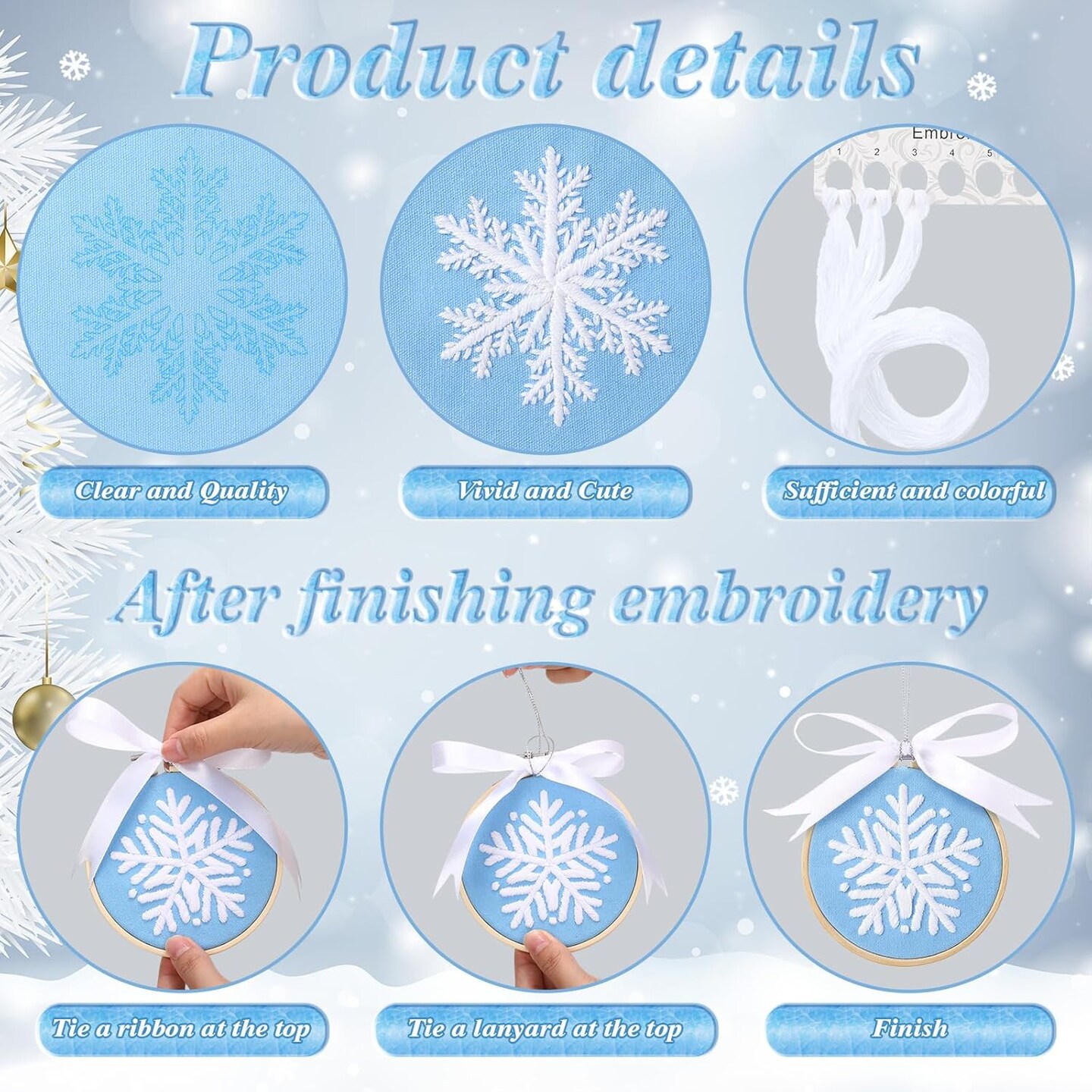 6 Sets Winter Christmas Embroidery Kit for Beginners Snowflakes Cross DIY Needlepoint Kit with Patterns Instructions Embroidery Hoops Threads Needles Needle Threader Ropes Ribbon(Blue)