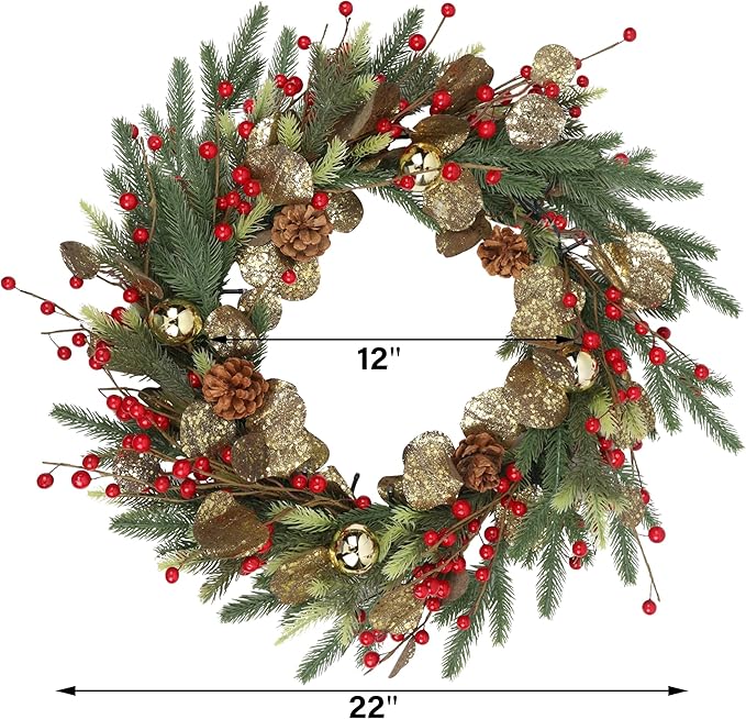 Christmas Wreath with Lights, 22" Battery Operated Lighted Wreath with Timer for Front Door, Pre-lit Artificial Xmas Wreaths with Red Berries, Gold Leaf, Christmas Decorations for Home Window