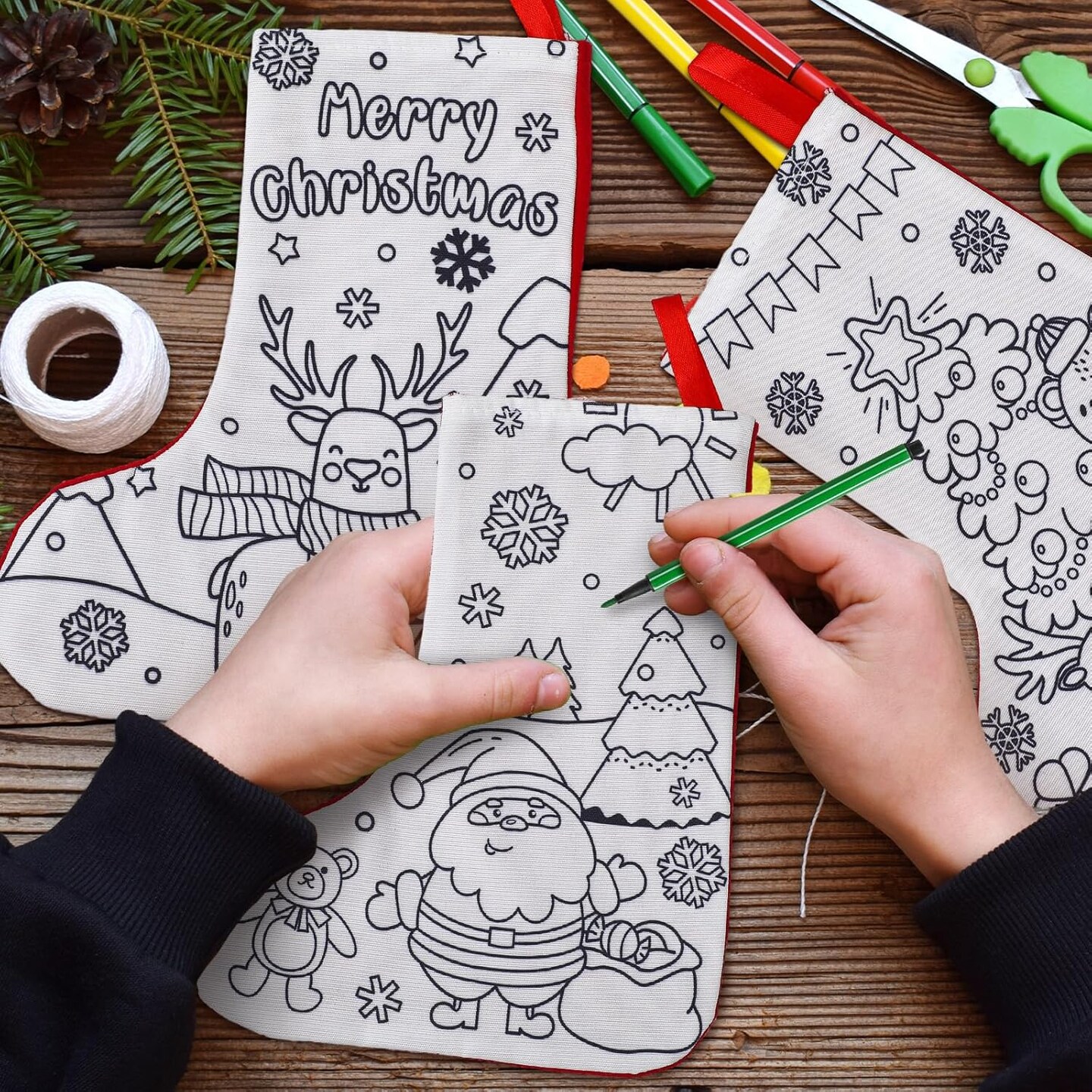 24 Pcs Color Your Own Christmas Stockings Kit DIY Coloring Nativity Stocking Crafts for Kids and Adults, Jesus Religious Xmas Home Decor for Fireplace Holiday Tree Ornaments (Santa Claus)