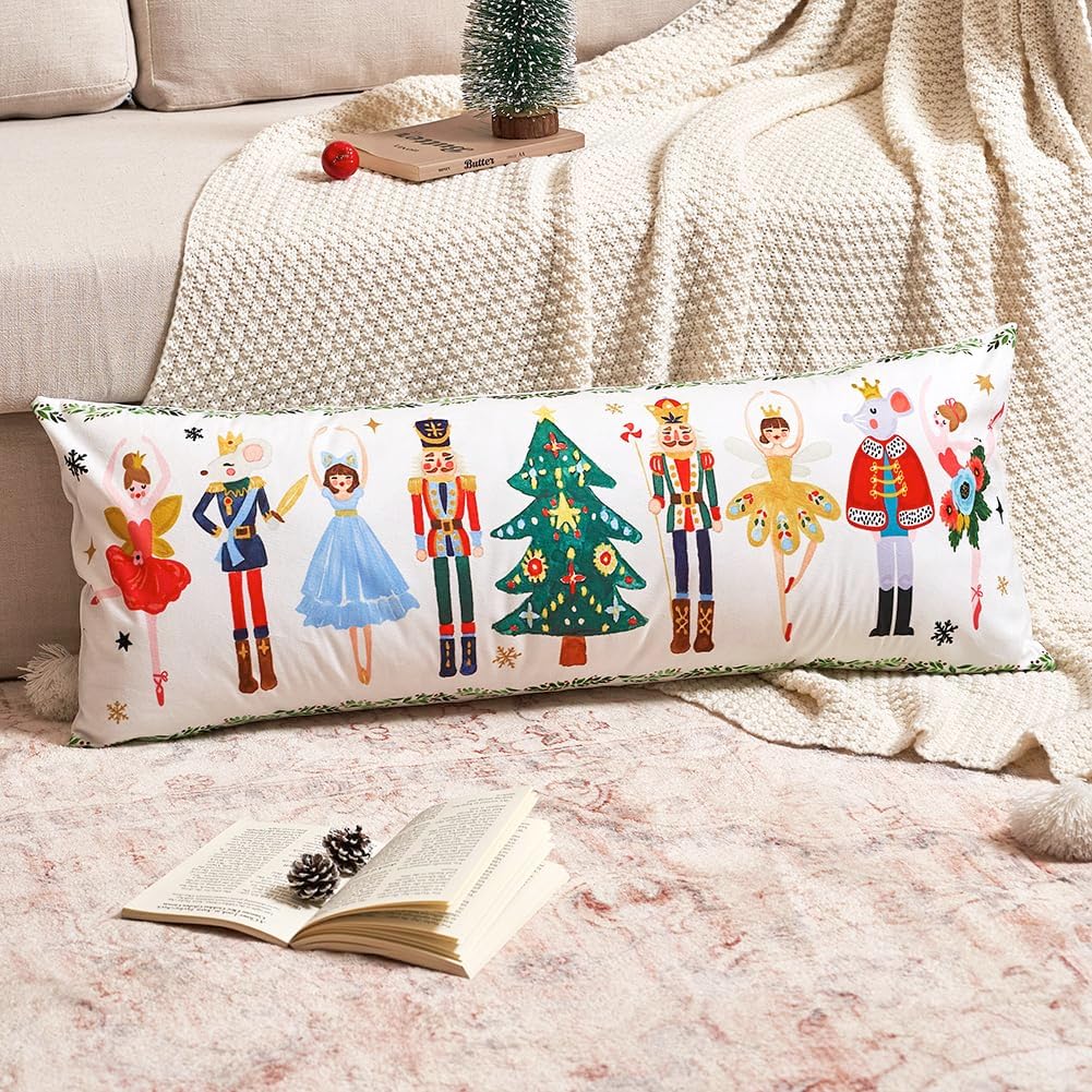 Cute Nutcracker Christmas Decor Long Lumbar Pillow Cover 14x36, 1 Pack 14 x 36 Christmas Tree Winter Holiday Pillow, Colorful Christmas Decor Body Long Throw Pillow Cover for Bed Couch