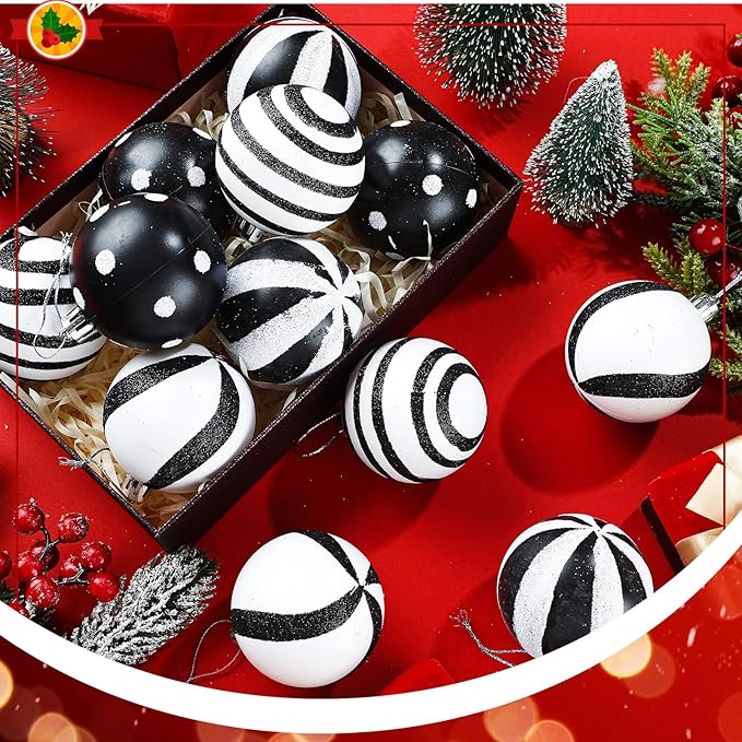 Black and White Christmas Hanging Balls Red Green Glittering Balls Elf Plastic Balls for Xmas Tree Decoration(Fresh Style)