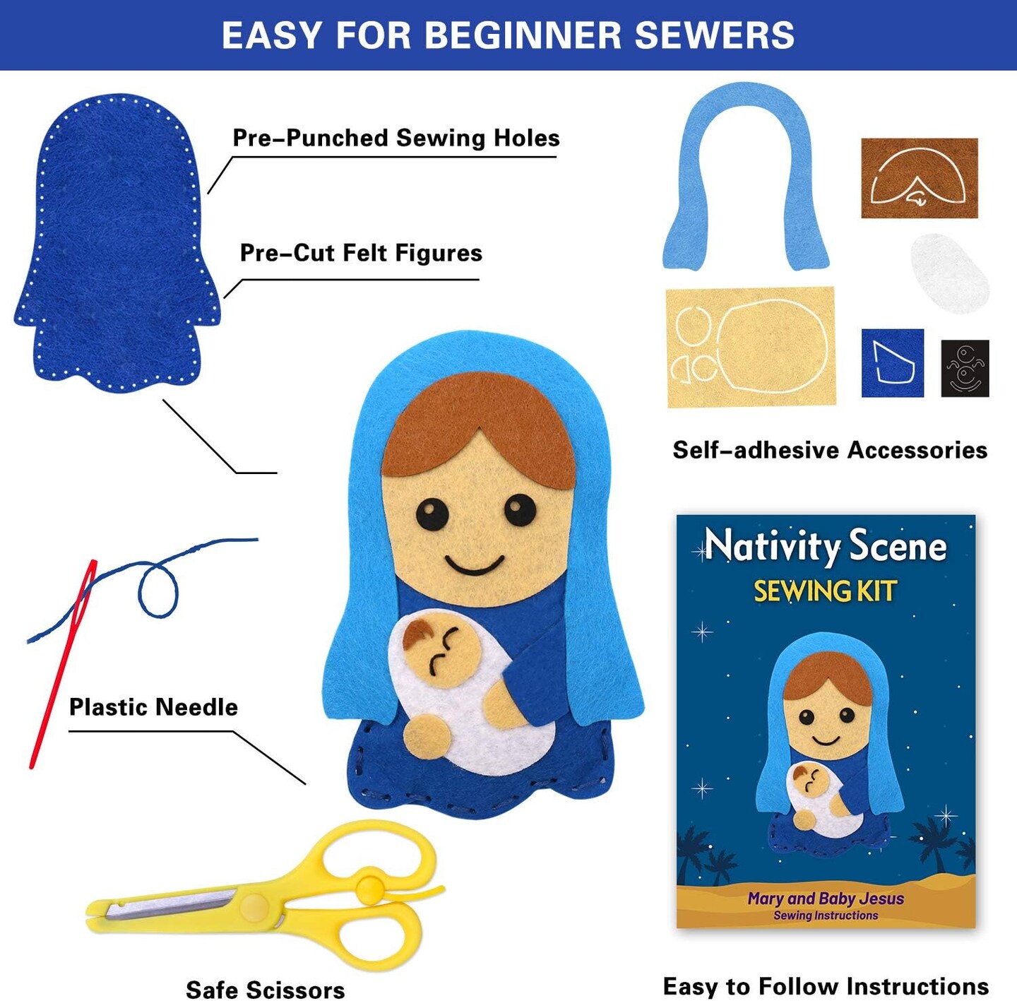 Nativity Scene Craft Kit Christmas Ornaments DIY Kids Craft and Sew Kits for Girls and Boys Educational Beginners Sewing Set