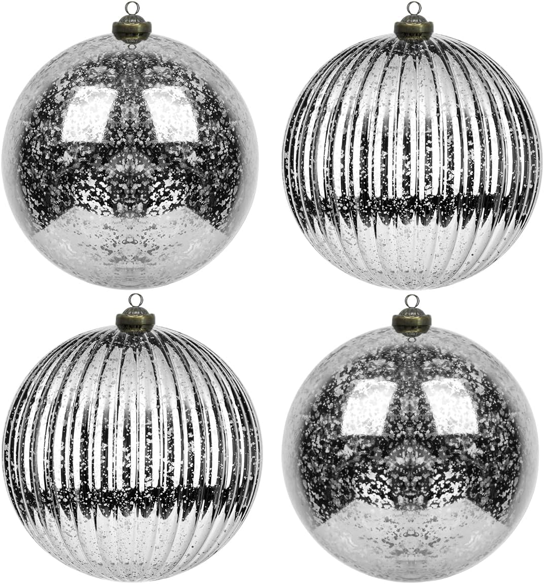 Mercury Christmas Ball Ornaments Silver Set of 4 Extra Large Hanging Tree Ball Ornament Decorations Super Large Shatterproof Vintage Balls 6-Inch