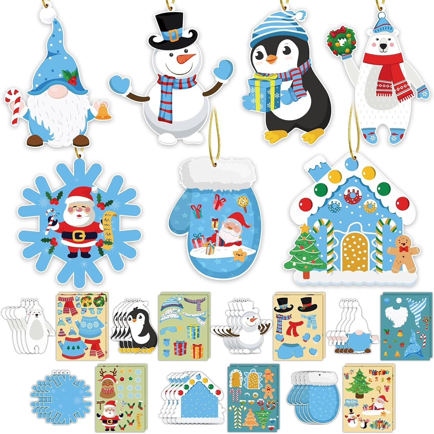 Christmas Crafts Ornament Making Kit for Kids - 28pcs DIY Christmas Cutouts with Snowman Snowflake Penguin Gnome Christmas Stickers for Tree Decorations Christmas Winter Party Favors Supplies