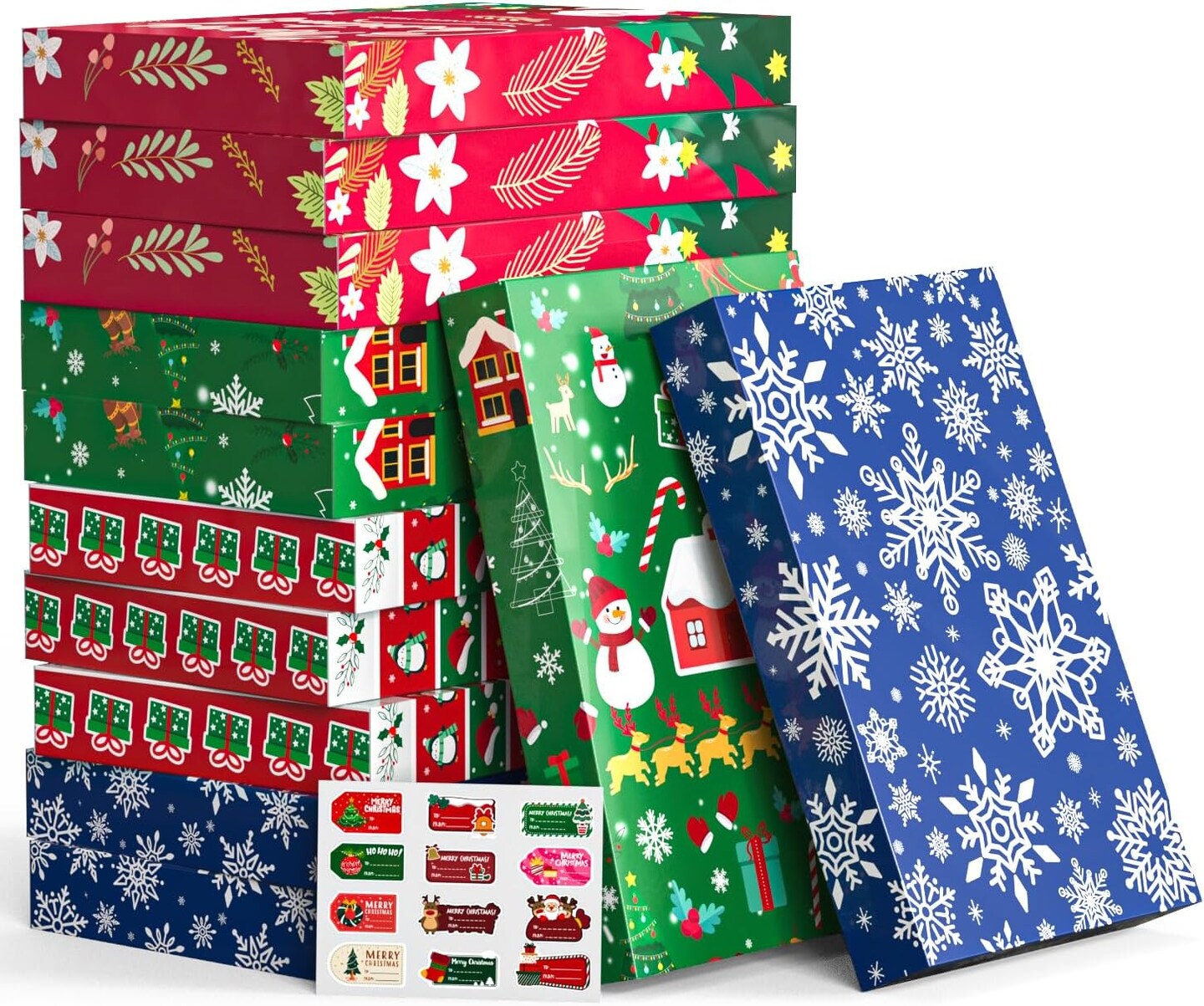 Christmas Gift Boxes with Lids, 12 Pack Patterned Shirt Clothes Boxes(12 Clothing Gift Boxes, 4 Designs: 3 Pieces Per Design &#x26; 1 Christmas Label Sticker) for Christmas Wrapping