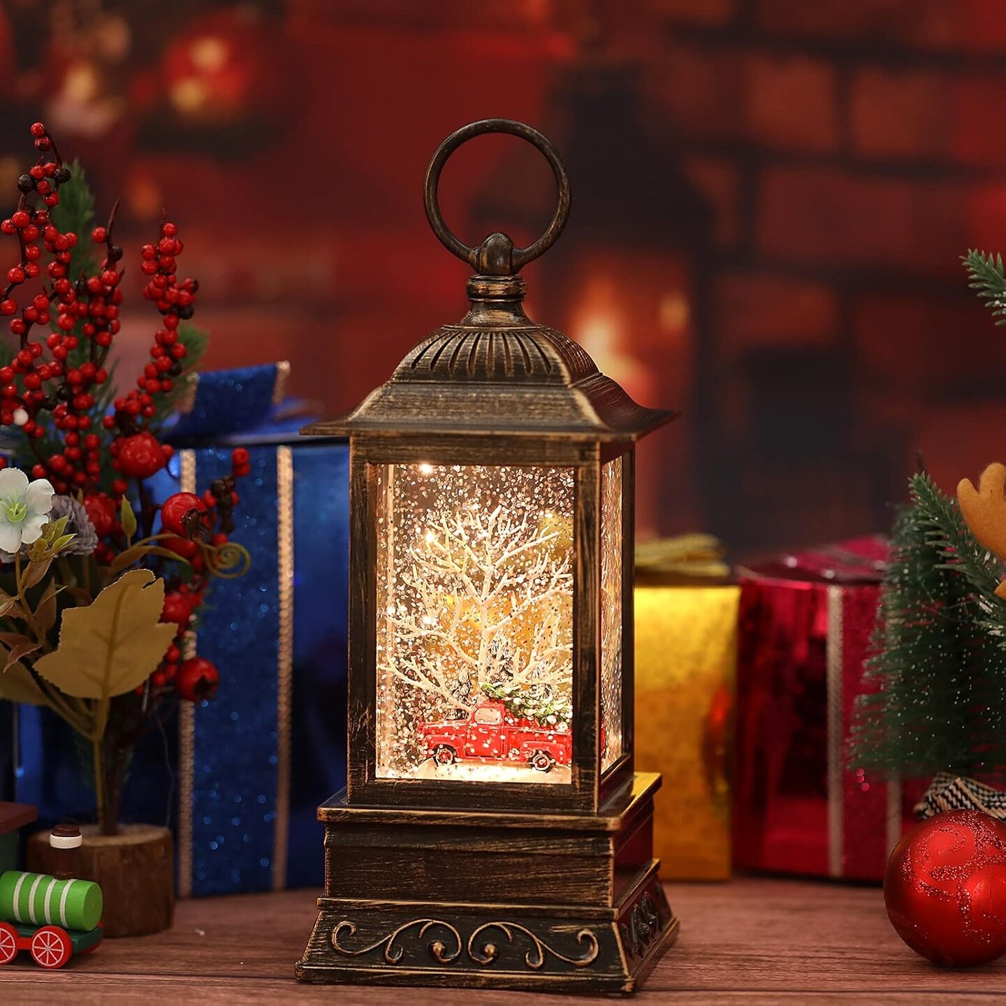 Christmas Snow Globe Red Truck Lantern, Glitter Lighted Christmas Decorations for Home with Music, Light Up Snowglobe Christmas Décor
