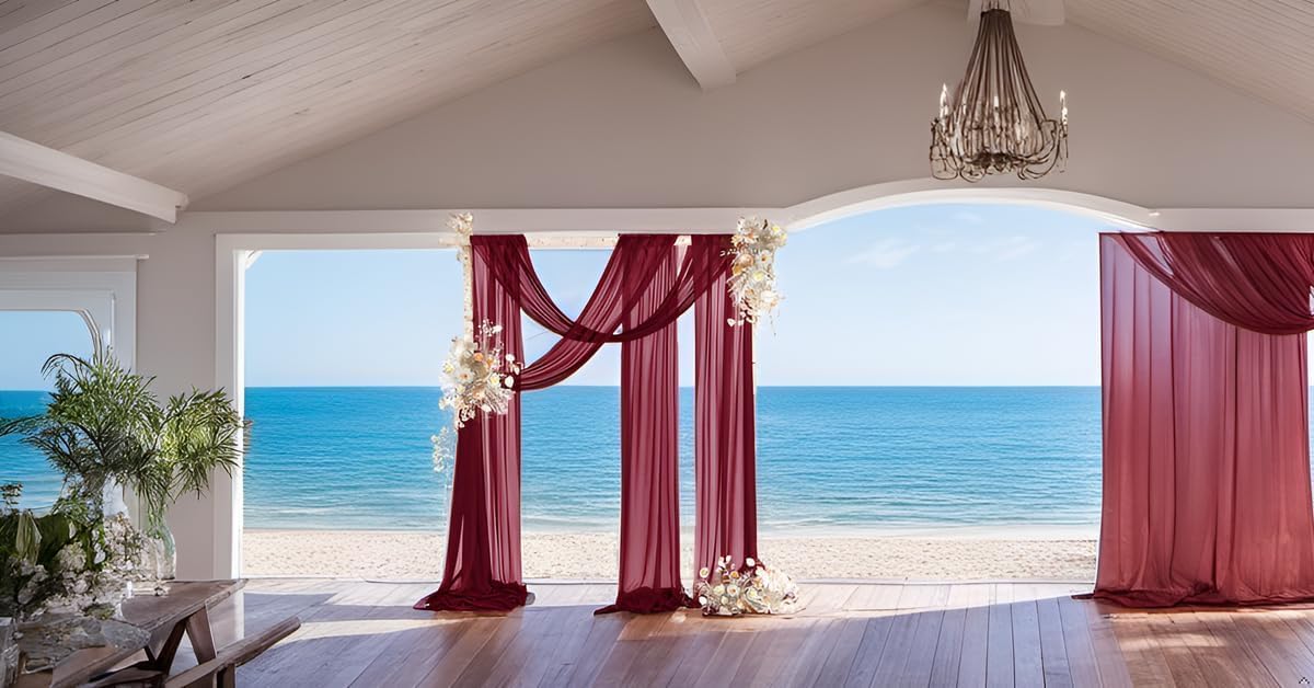 Burgundy Wedding Arch Draping Fabric 1 Panel 29" x 20Ft Christmas Chiffon Outdoor Curtain Backdrop Sheer Arch Drapes for Thanksgiving Wedding Ceremony Party Ceiling Decoration