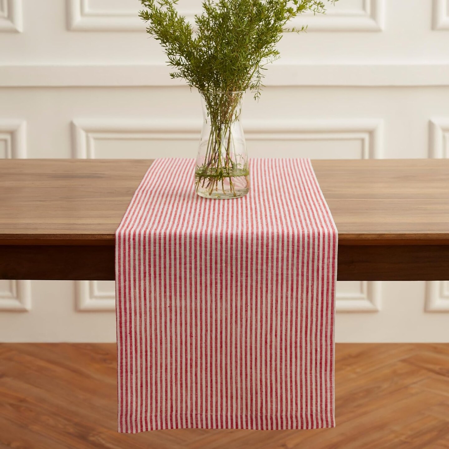 Home Stripe Linen Table Runner 60 inches Long &#x2013; 100% Pure Linen Red and White Christmas, Winter, Holiday Table Runner 14 x 60 Inch &#x2013; Farmhouse Table Runner &#x2013; Narrow Stripe