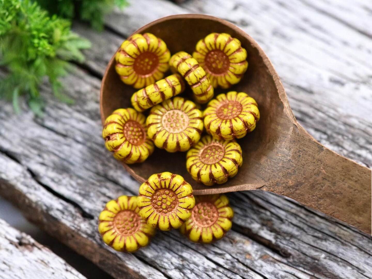 *12* 13mm Copper Washed Opaque Sunflower Yellow Sunflower Coin Beads