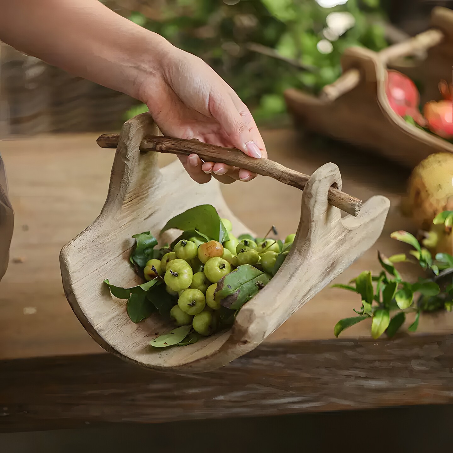 Carrying basket type tray wooden solid wood fruit plate wabi-sabi