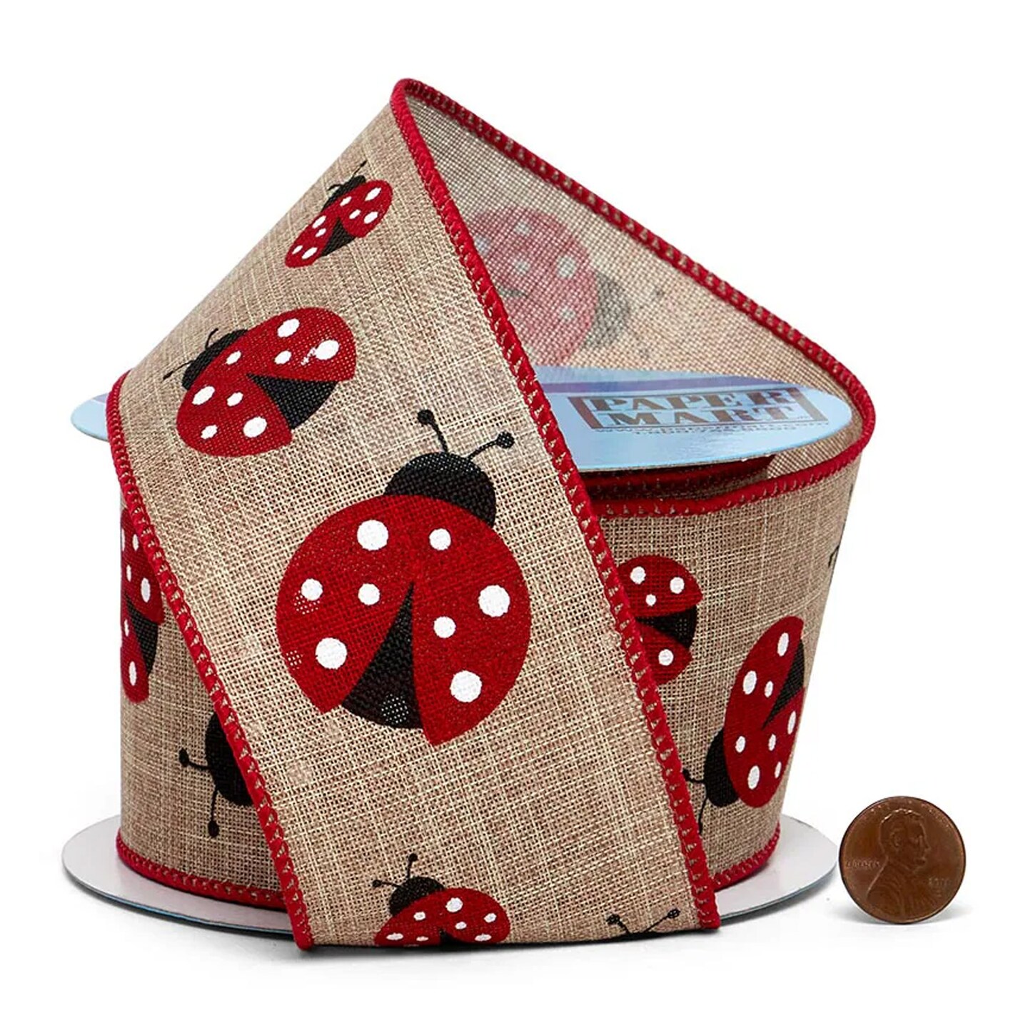 Charming Ladybugs on Natural Wired Ribbon 2.5&#x22; x 10 yd