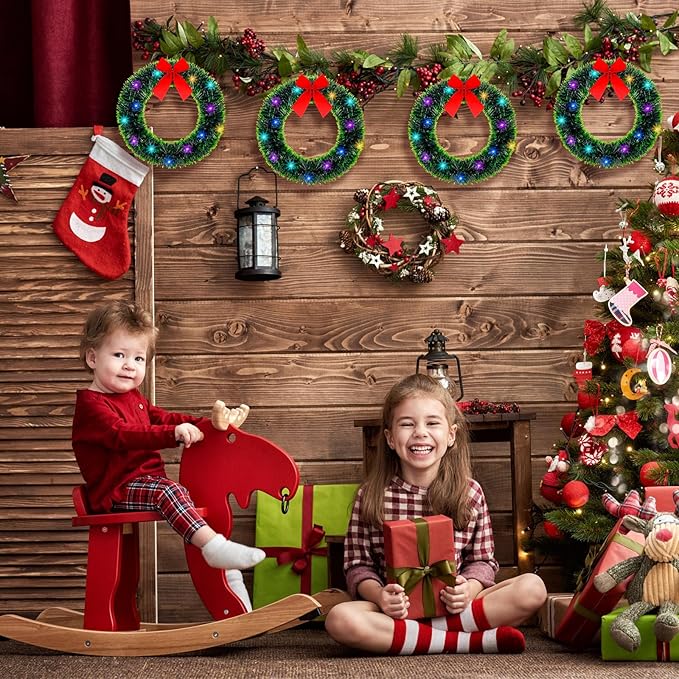 12 Inch Christmas Wreath with Red Bow Bulk Outdoor Lighted Christmas Wreath Artificial for Home Window Kitchen Indoor Christmas Holiday Decoration(Green,10 Sets)