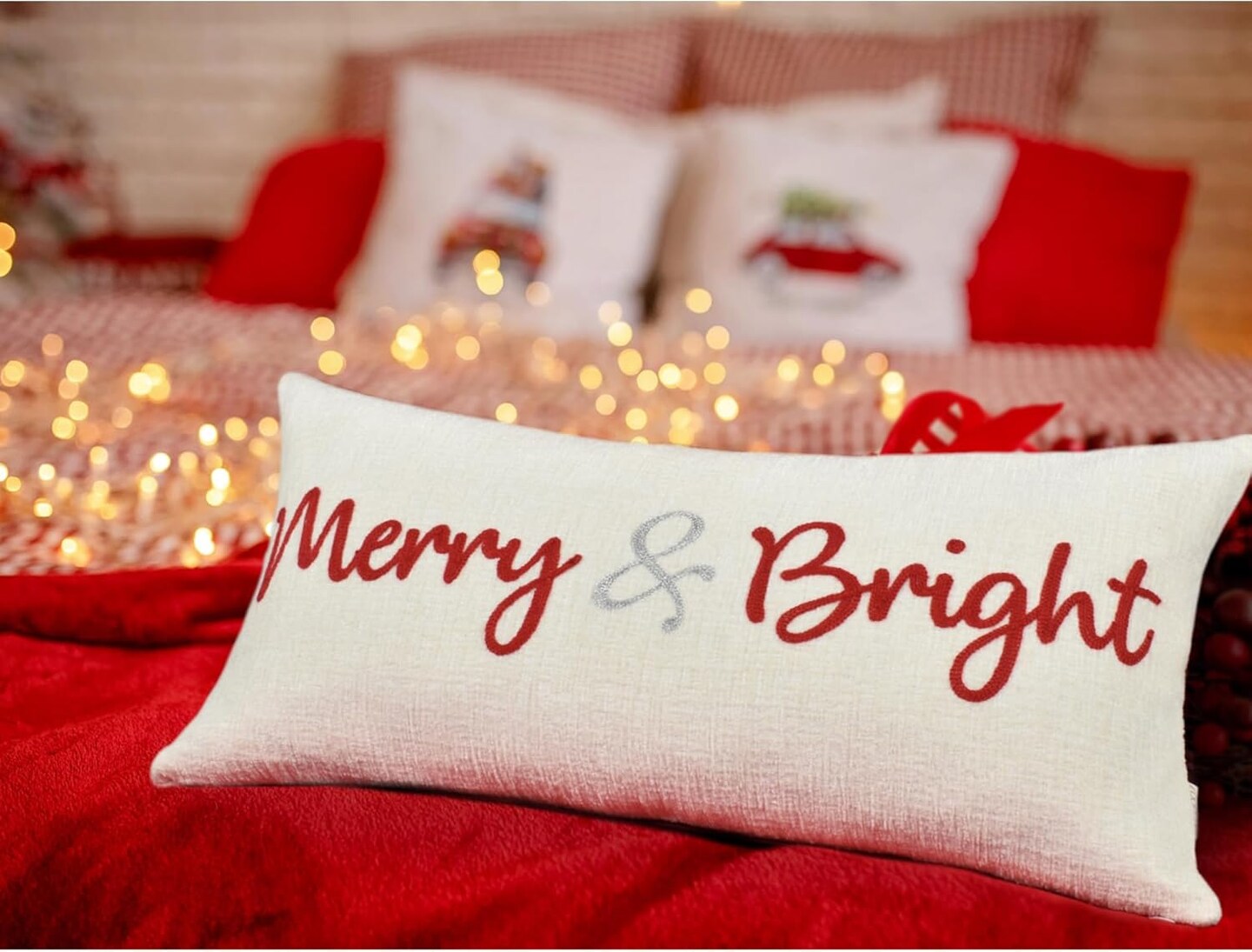 Nice Merry and Bright Christmas Decor Cotton Burlap Decorative Rectangle Throw Lumbar Waist Pillow Case Cushion Cover for Couch Living Room 12X24 inches