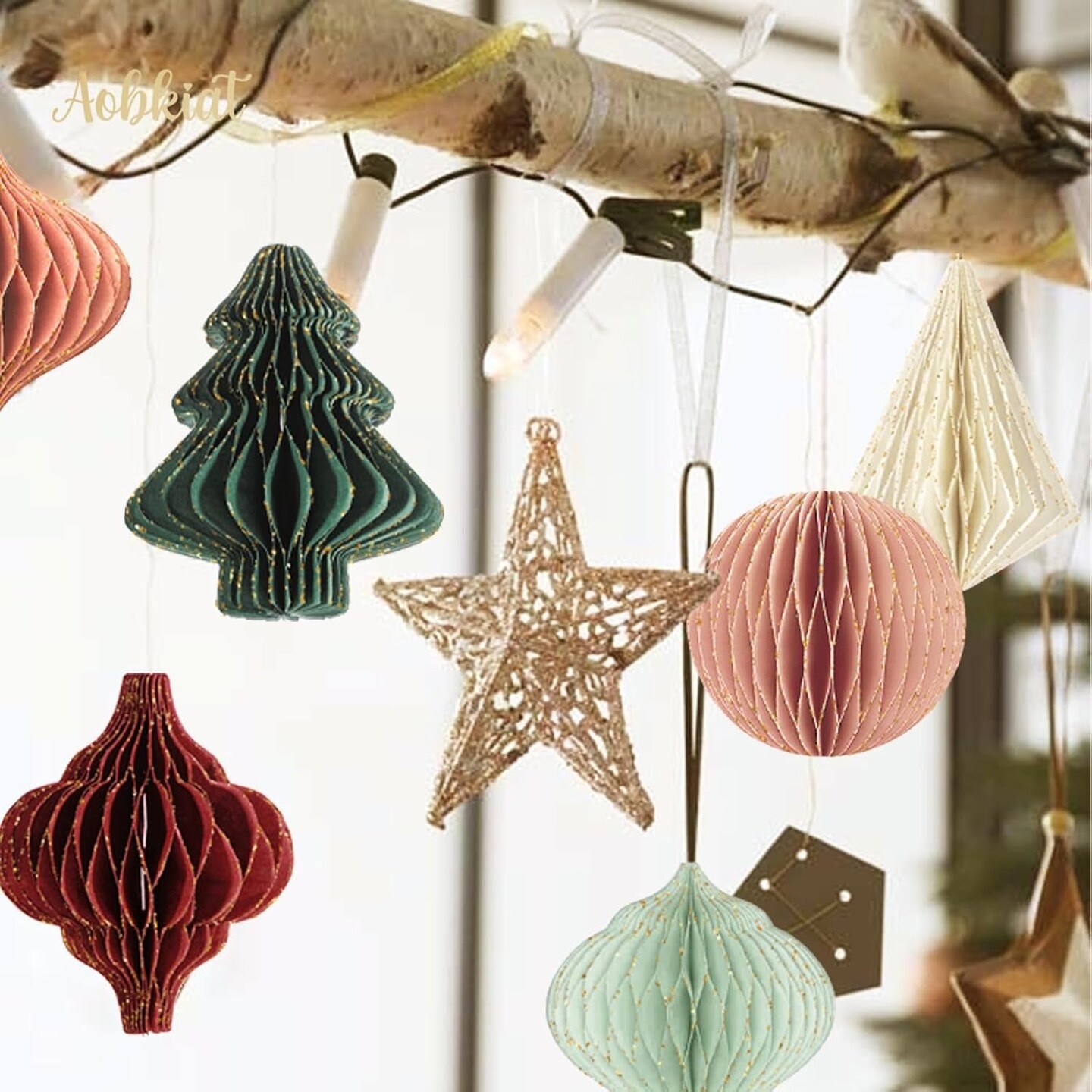 Christmas Party Decorations, 6 PCS 3D Mini Glitter Edge Paper Honeycomb Ornaments, Green, Red Hanging Ornament for Christmas Tree D&#xE9;cor, New Years Party, Christmas Ornaments, Home Decor