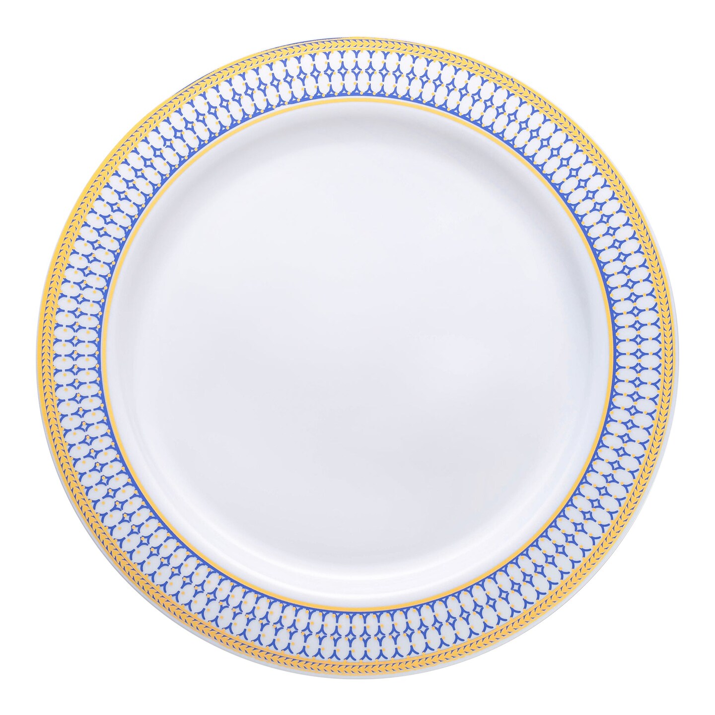 White with Blue and Gold Chord Rim Plastic Dinner Plates - 10.25" (120 Plates)