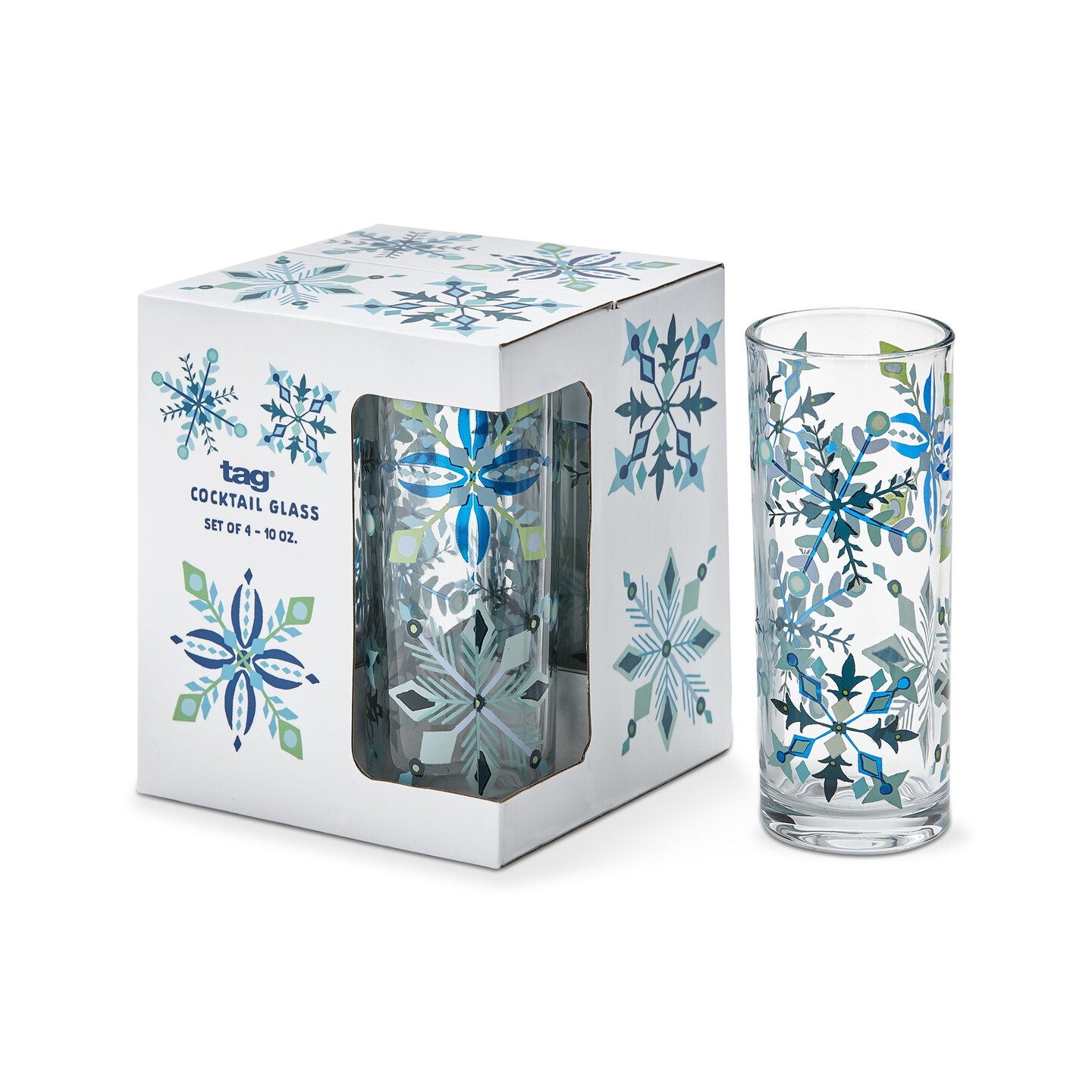 10 oz. Alpine Glow Blue Snowflake Cocktail Beverage Drinkware Glass, Set of 4