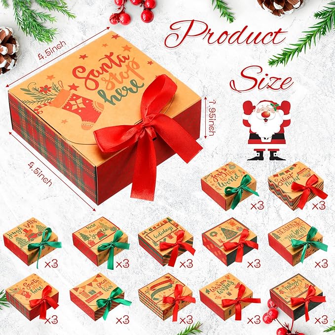 36 Pcs Christmas Kraft Gift Boxes with Lids Bulk Small Gift Boxes for Christmas Presents with Bow Empty Bridesmaid Boxes for Xmas Proposal Holiday Gift Packaging(Kraft Color,Classic Style)