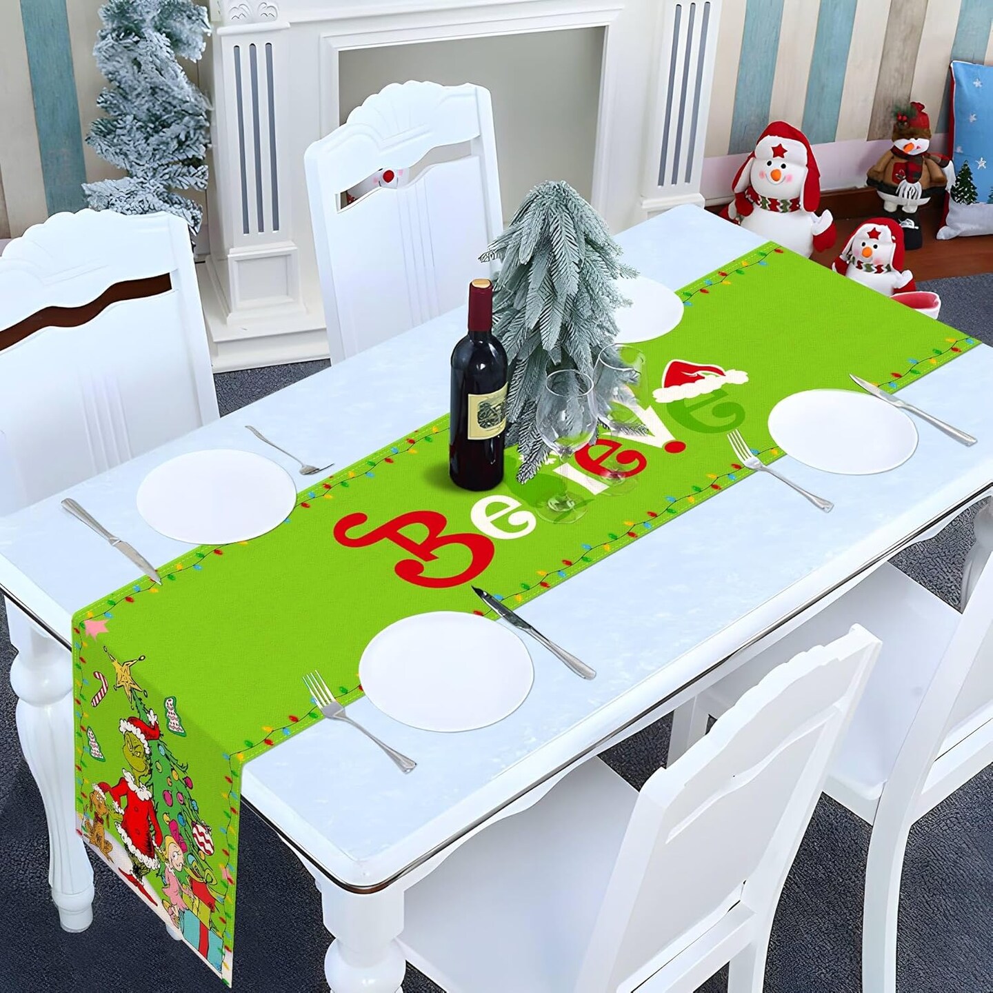 Green Christmas Table Runner Welcome to Whoville Believe Theme Party Decoration Xmas Winter Holiday Home Kitchen Island Decor 72Inches Long (Green, 13&#x22; x 72&#x22;)
