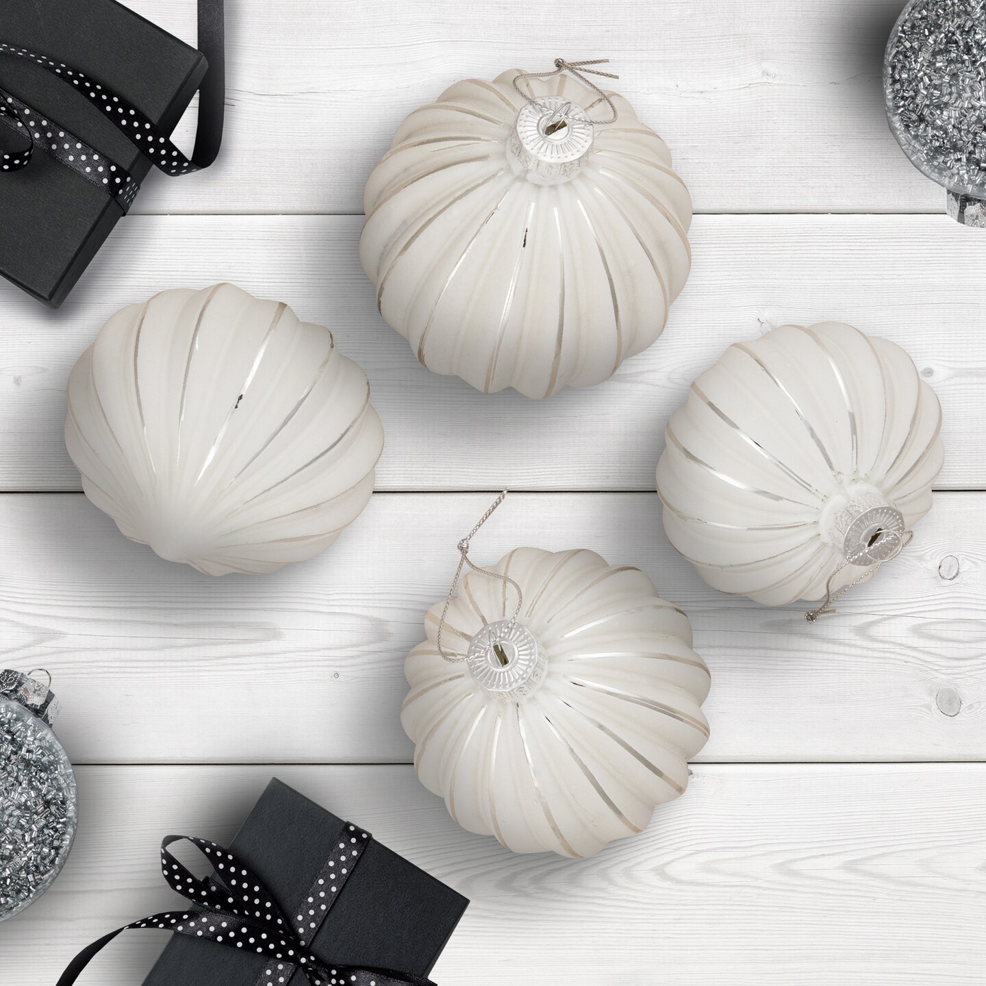Northlight Striped Ball and Onion Glass Christmas Ornaments - 3" (80mm) - White and Silver - 4ct